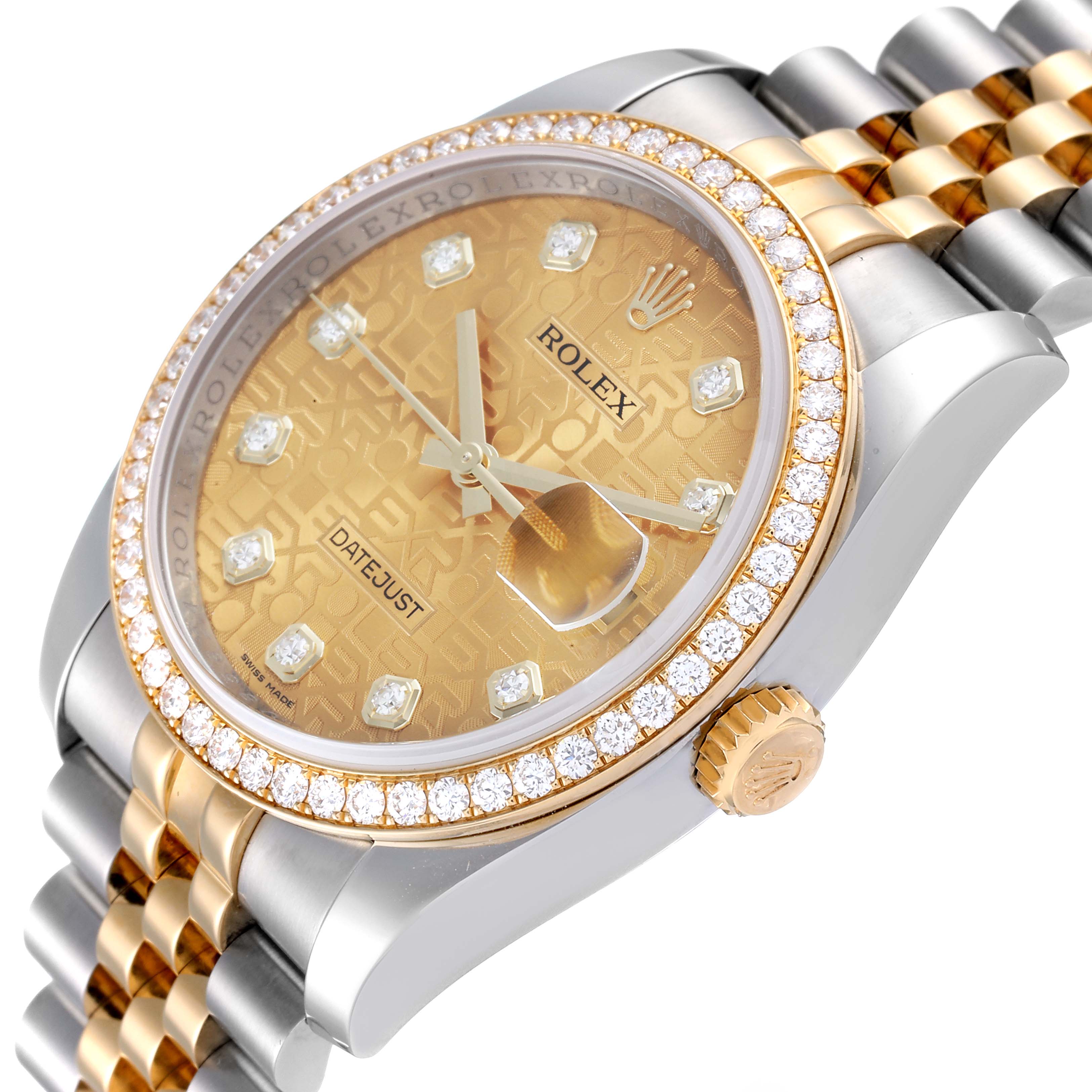 This image shows the Rolex Datejust 116243 Men's Steel and Gold (two tone) Champagne Dial 116243 Men's Steel and Gold (two tone) Champagne Dial watch from a slight diagonal angle, highlighting its diamond bezel, gold dial, and Jubilee bracelet.