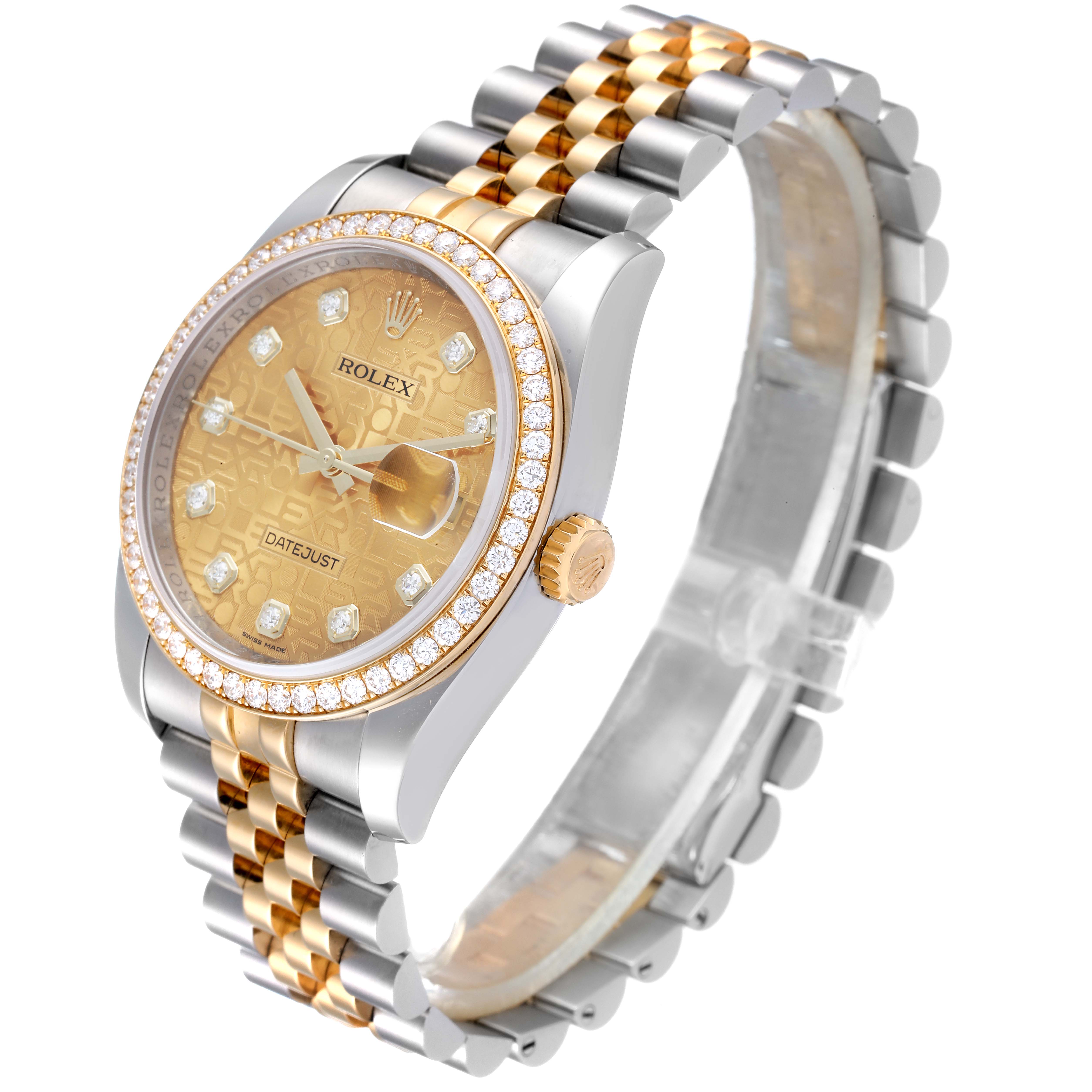 The image displays a Rolex Datejust 116243 Men's Steel and Gold (two tone) Champagne Dial 116243 Men's Steel and Gold (two tone) Champagne Dial watch from an angle showcasing its face, bezel, crown, and bracelet.