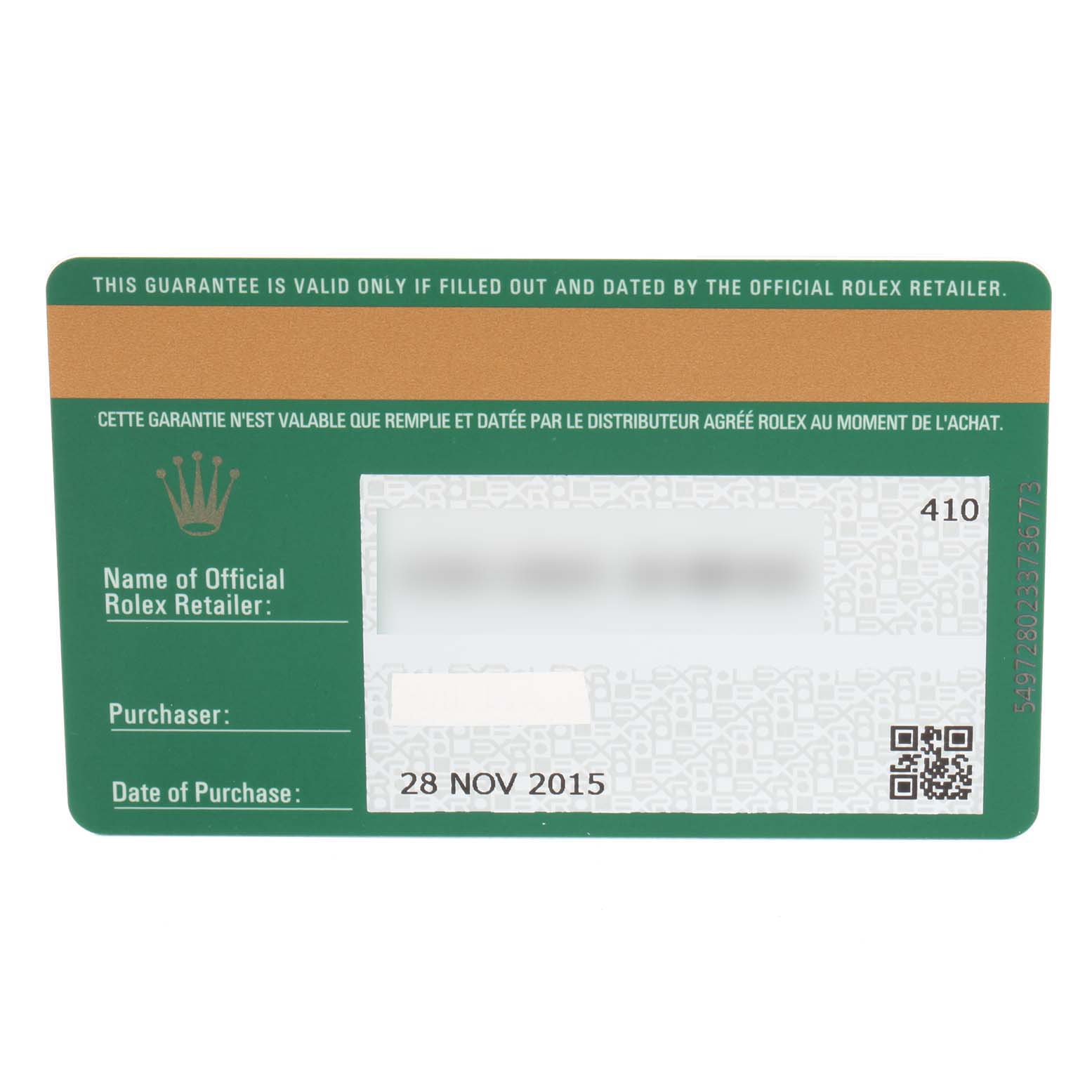 This image shows a close-up of the guarantee card for a Rolex Datejust 116243 Men's Steel and Gold (two tone) Champagne Dial 116243 Men's Steel and Gold (two tone) Champagne Dial watch.