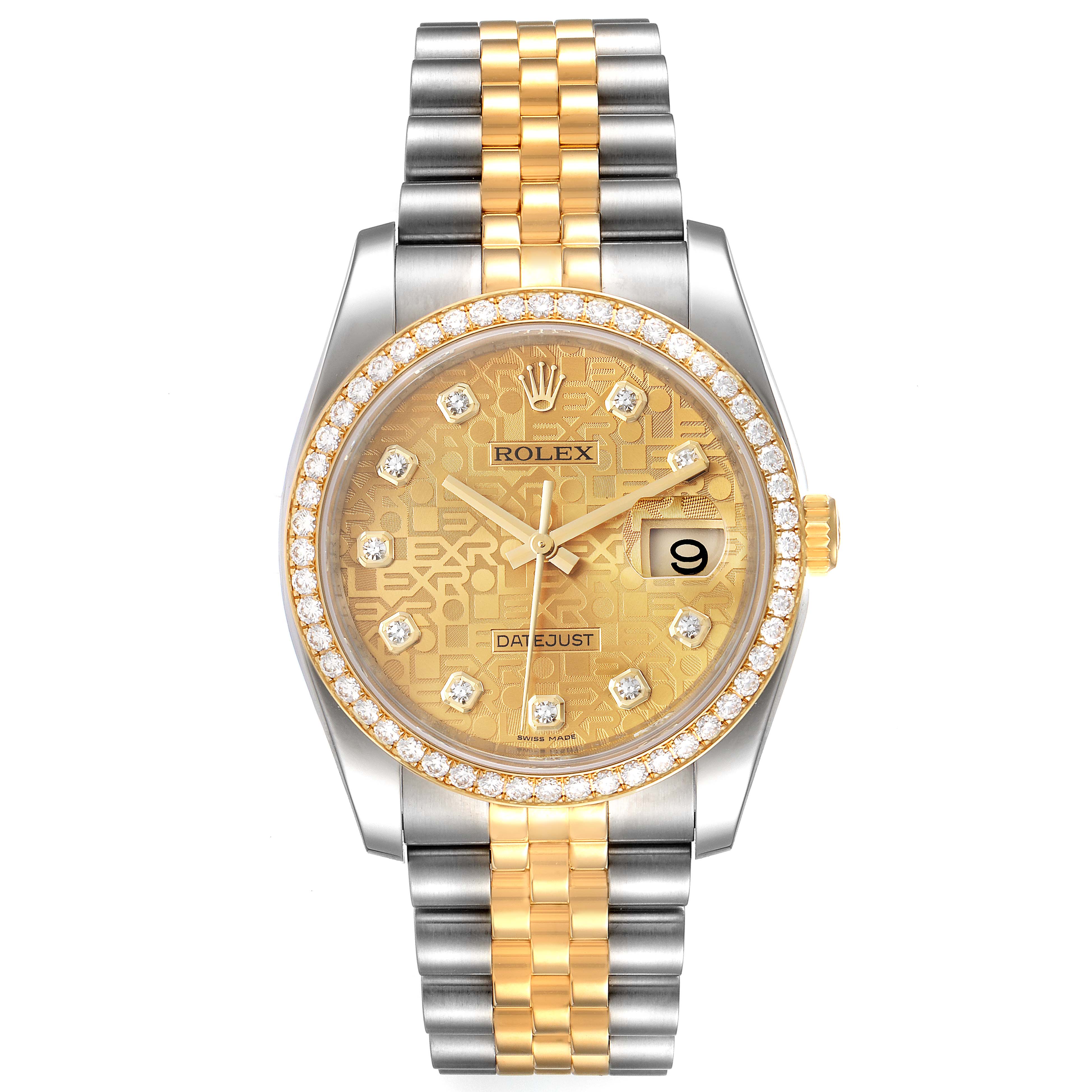 The Rolex Datejust 116243 Men's Steel and Gold (two tone) Champagne Dial 116243 Men's Steel and Gold (two tone) Champagne Dial watch shown is viewed from the front, highlighting the dial, bezel, and two-tone bracelet.