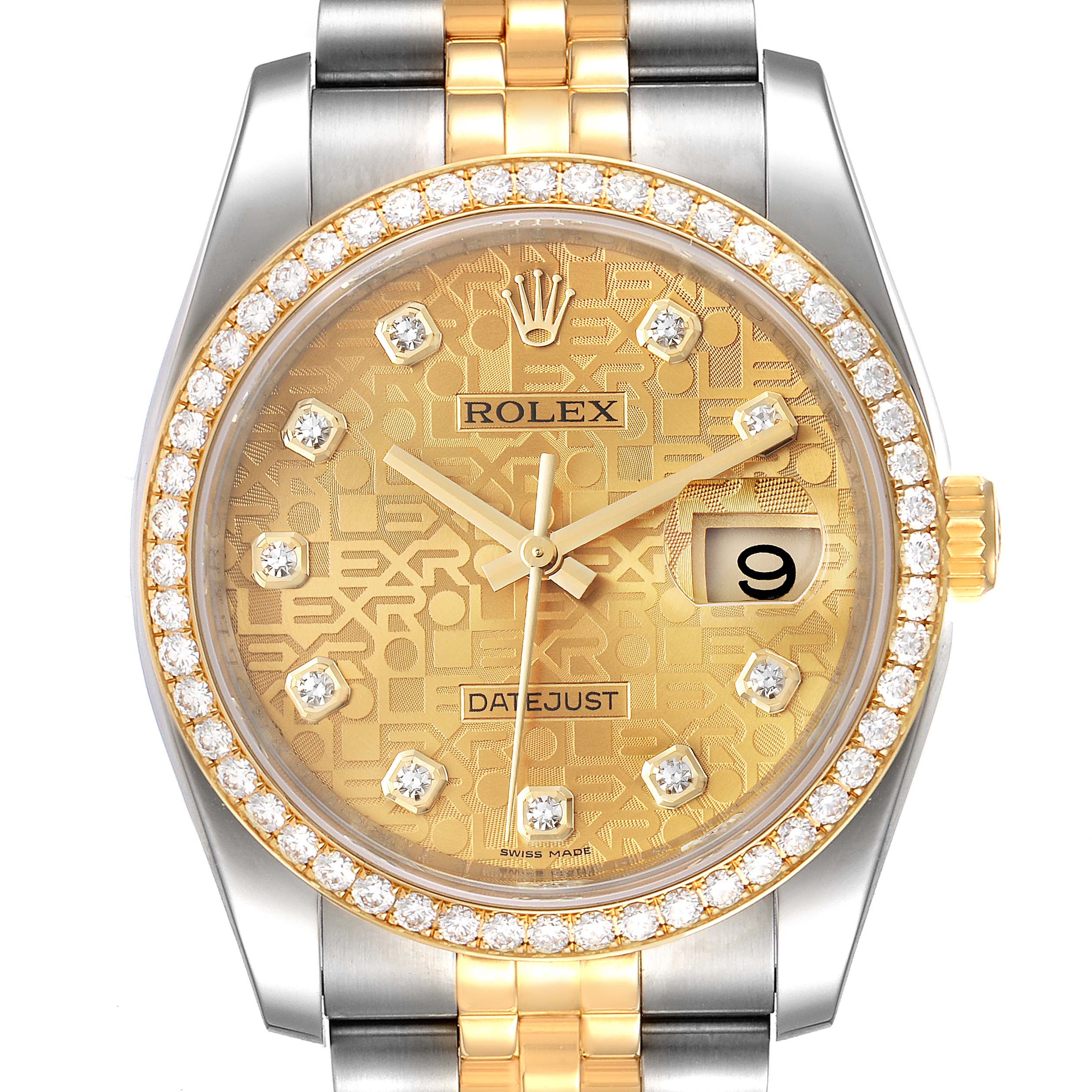 The image shows a front view of the Rolex Datejust 116243 Men's Steel and Gold (two tone) Champagne Dial 116243 Men's Steel and Gold (two tone) Champagne Dial watch, highlighting its gold dial, diamond bezel, and two-tone bracelet.