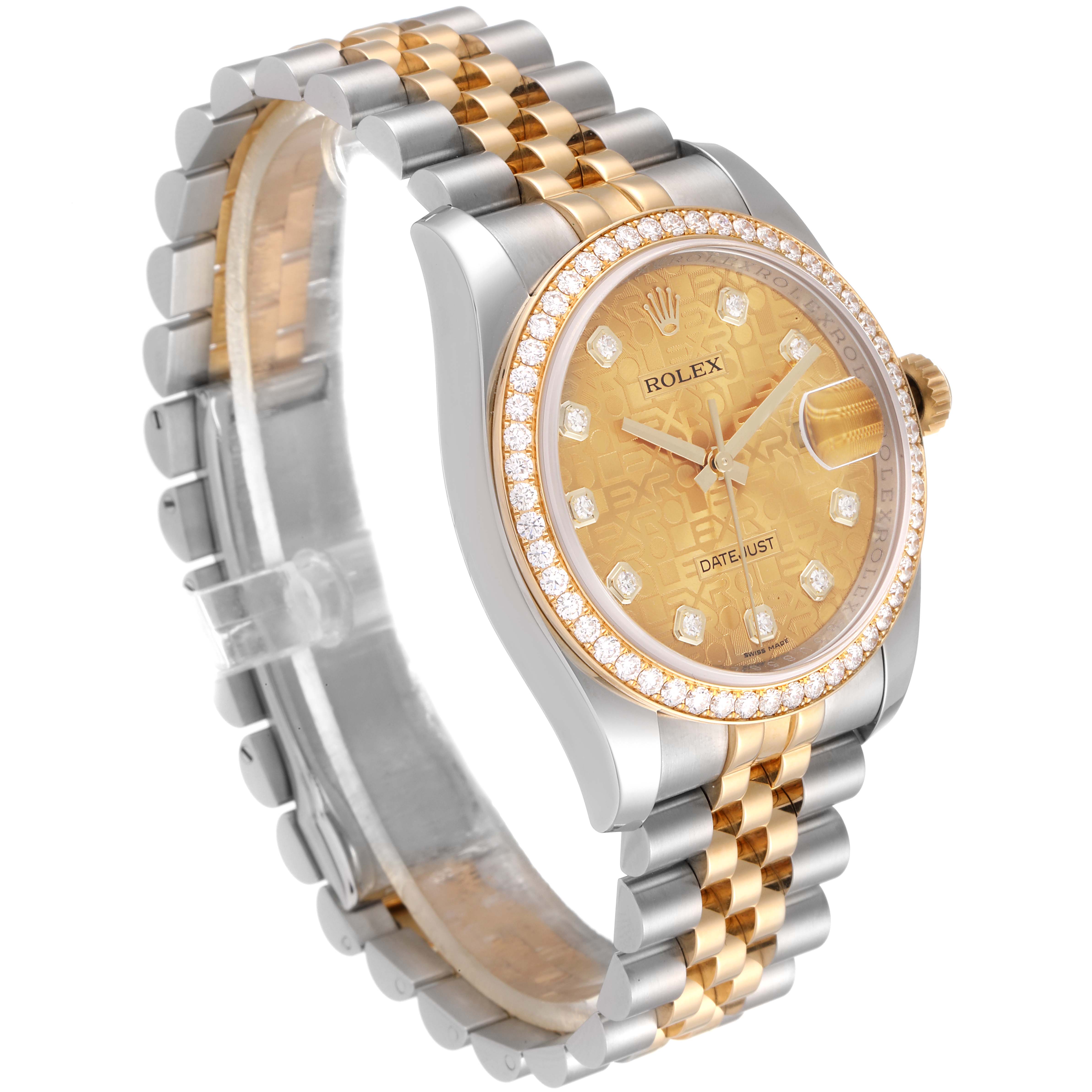 The image shows a Rolex Datejust 116243 Men's Steel and Gold (two tone) Champagne Dial 116243 Men's Steel and Gold (two tone) Champagne Dial watch from an angled view, highlighting its two-tone bracelet and diamond-encrusted dial.