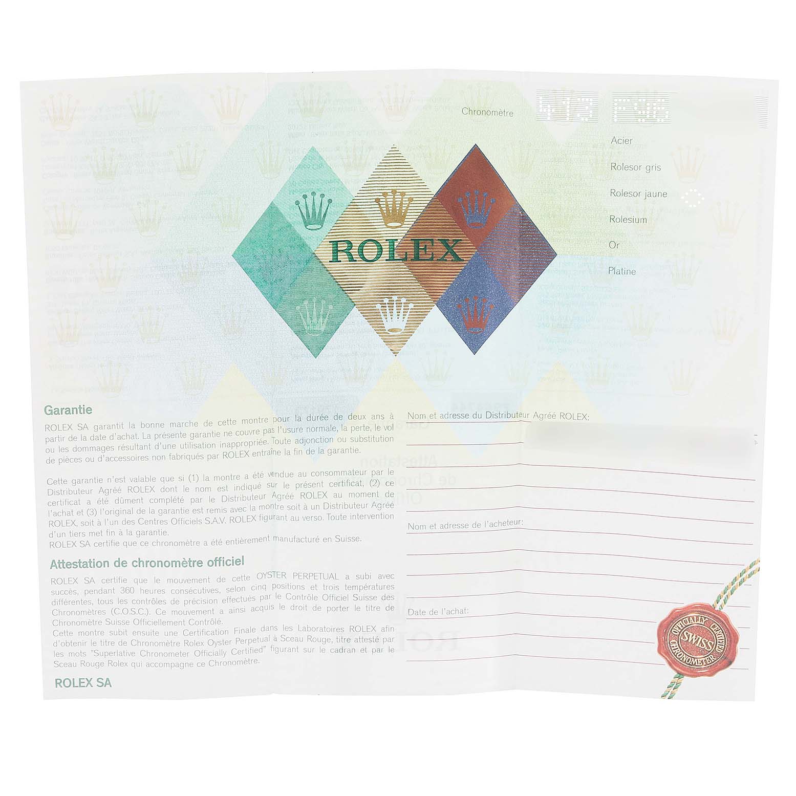 This is a flat-laid paper warranty certificate for the Rolex Datejust 179173 Women's Steel and Gold (two tone) Black Dial 179173 Women's Steel and Gold (two tone) Black Dial model.