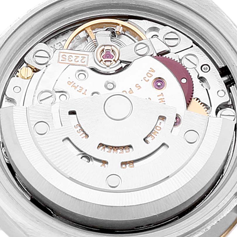 This image shows the internal mechanism of a Rolex Datejust 179173 Women's Steel and Gold (two tone) Black Dial 179173 Women's Steel and Gold (two tone) Black Dial watch from a top-down angle.