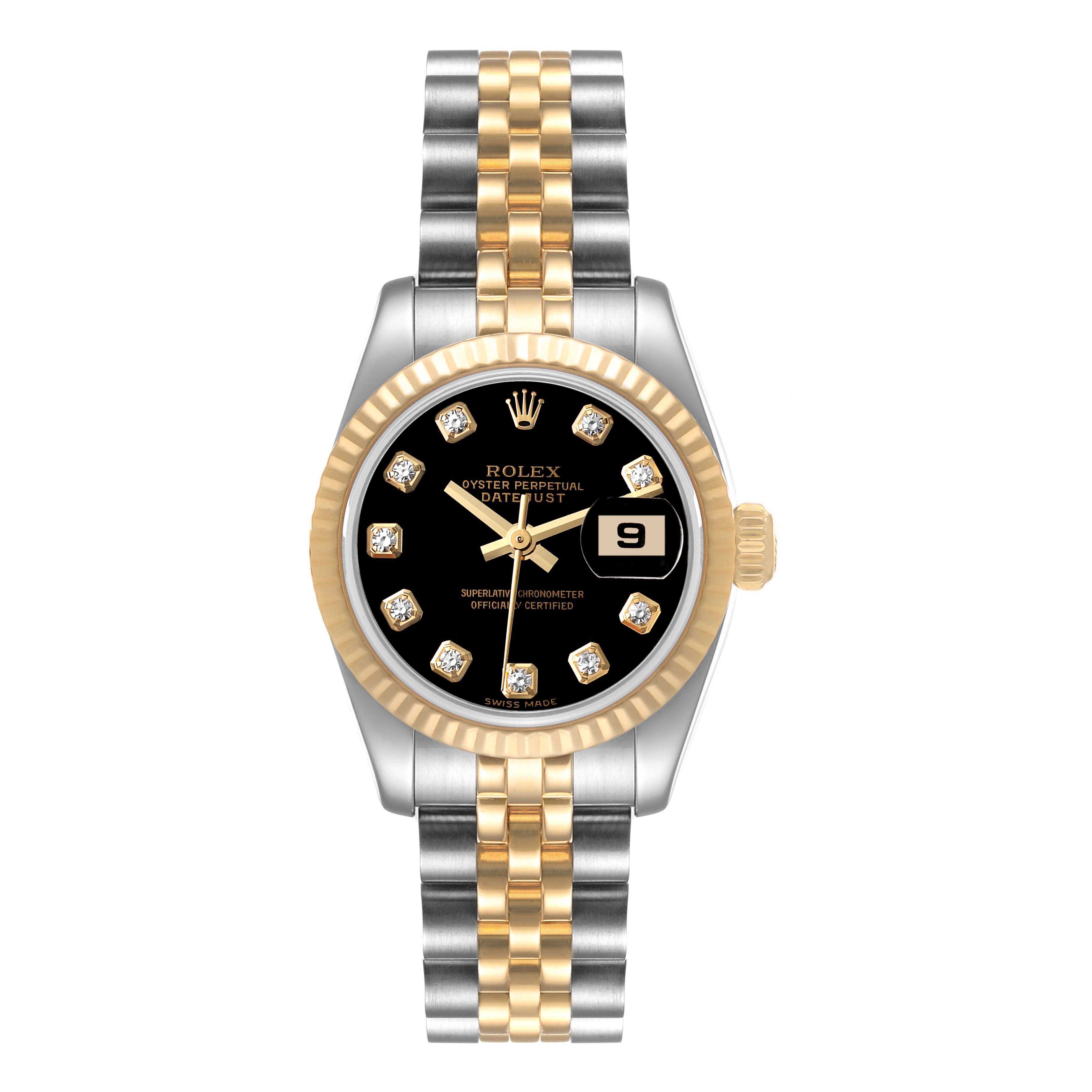 This Rolex Datejust 179173 Women's Steel and Gold (two tone) Black Dial 179173 Women's Steel and Gold (two tone) Black Dial watch is shown from a front angle, highlighting the black dial, date window, and two-tone bracelet.