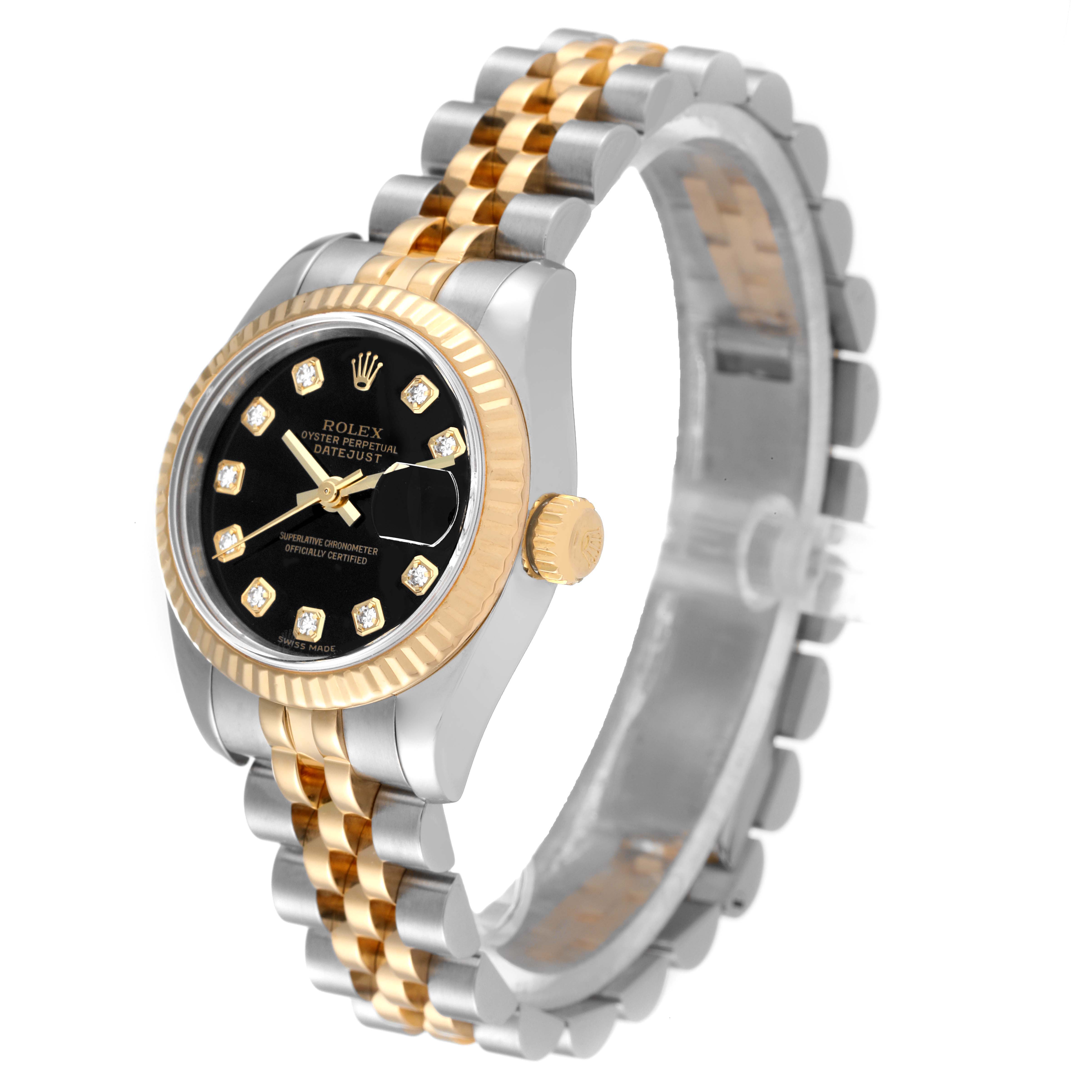 This image shows a Rolex Datejust 179173 Women's Steel and Gold (two tone) Black Dial 179173 Women's Steel and Gold (two tone) Black Dial watch at a slight angle, highlighting its two-tone bracelet and black dial.