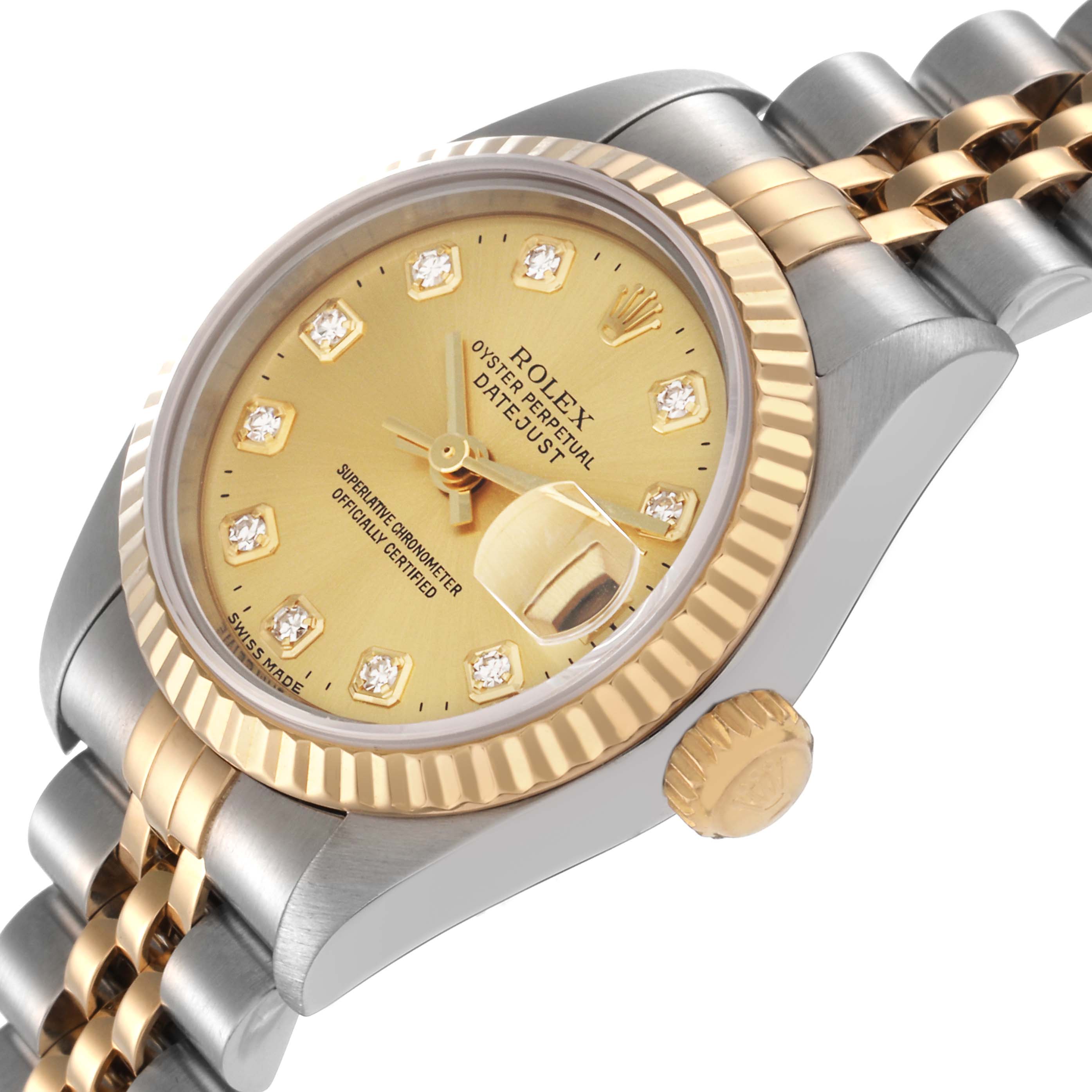 The Rolex Datejust 79173 Women
s Steel and Gold (two tone) Champagne Dial 79173 Women
s Steel and Gold (two tone) Champagne Dial watch is shown from a three-quarter angle, highlighting the dial, fluted bezel, and jubilee bracelet.
