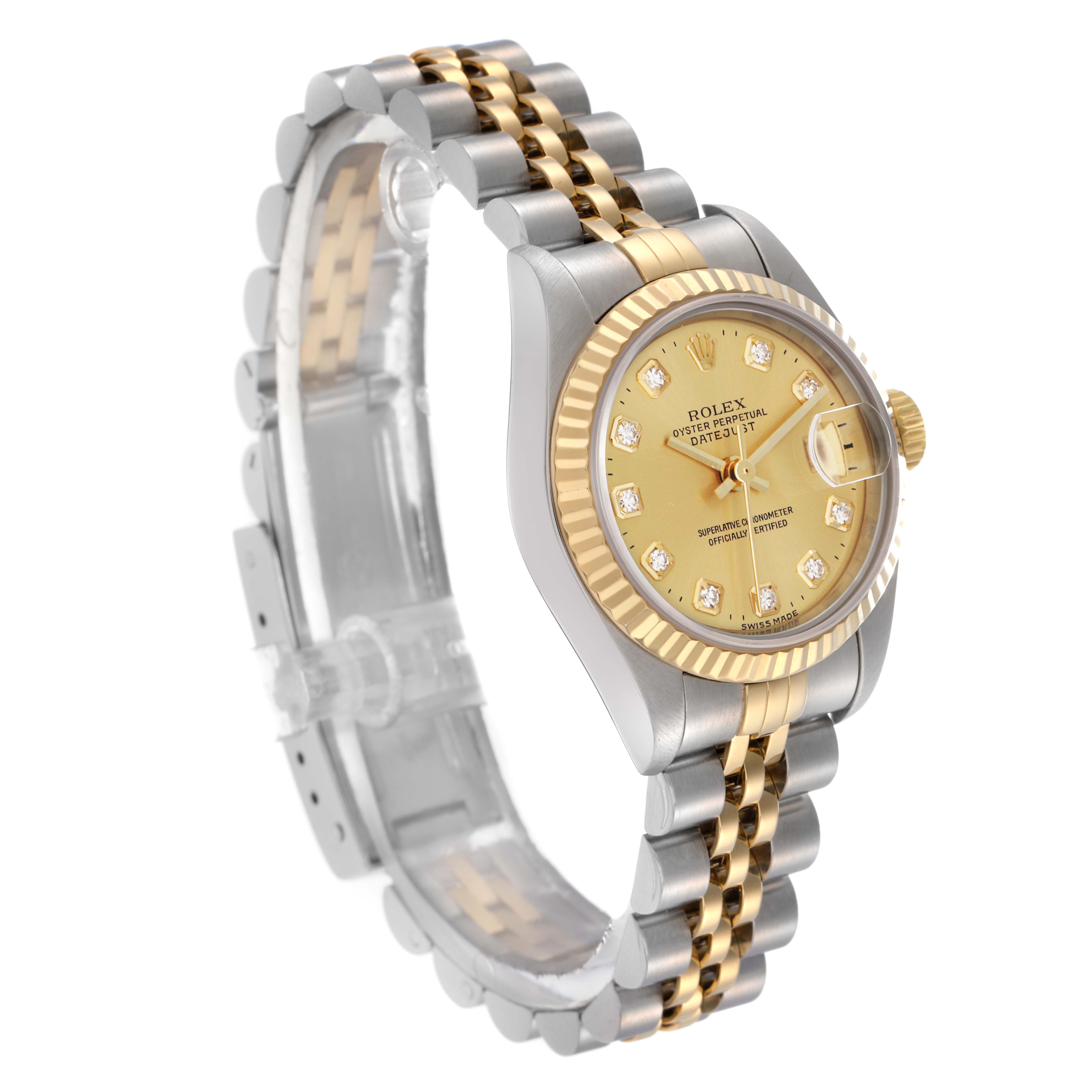The Rolex Datejust 79173 Women
s Steel and Gold (two tone) Champagne Dial 79173 Women
s Steel and Gold (two tone) Champagne Dial watch is shown at a three-quarter angle, displaying its face, two-tone band, and fluted bezel.