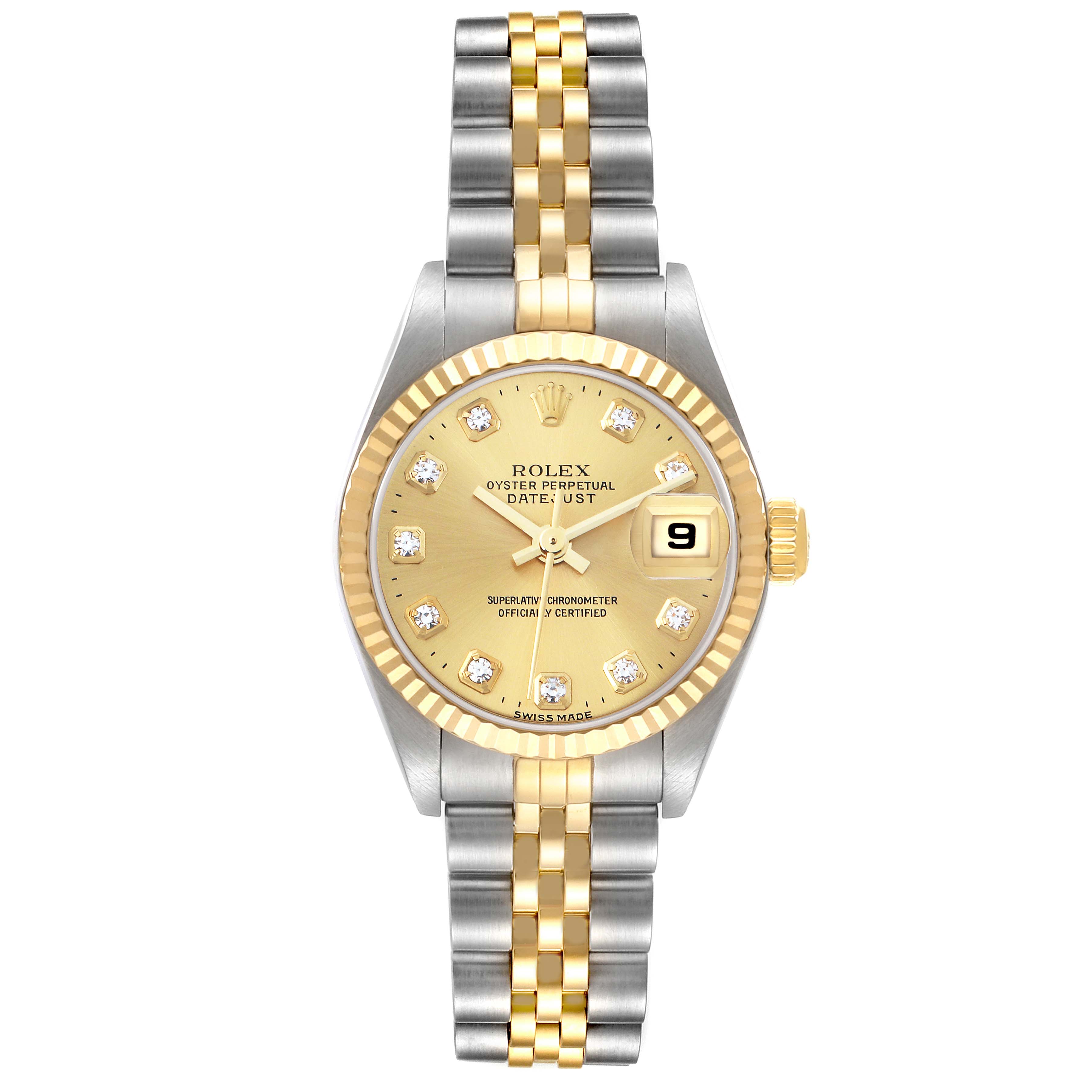 The image shows a Rolex Datejust 79173 Women
s Steel and Gold (two tone) Champagne Dial 79173 Women
s Steel and Gold (two tone) Champagne Dial watch from a front view, highlighting the dial, bezel, and two-tone bracelet.