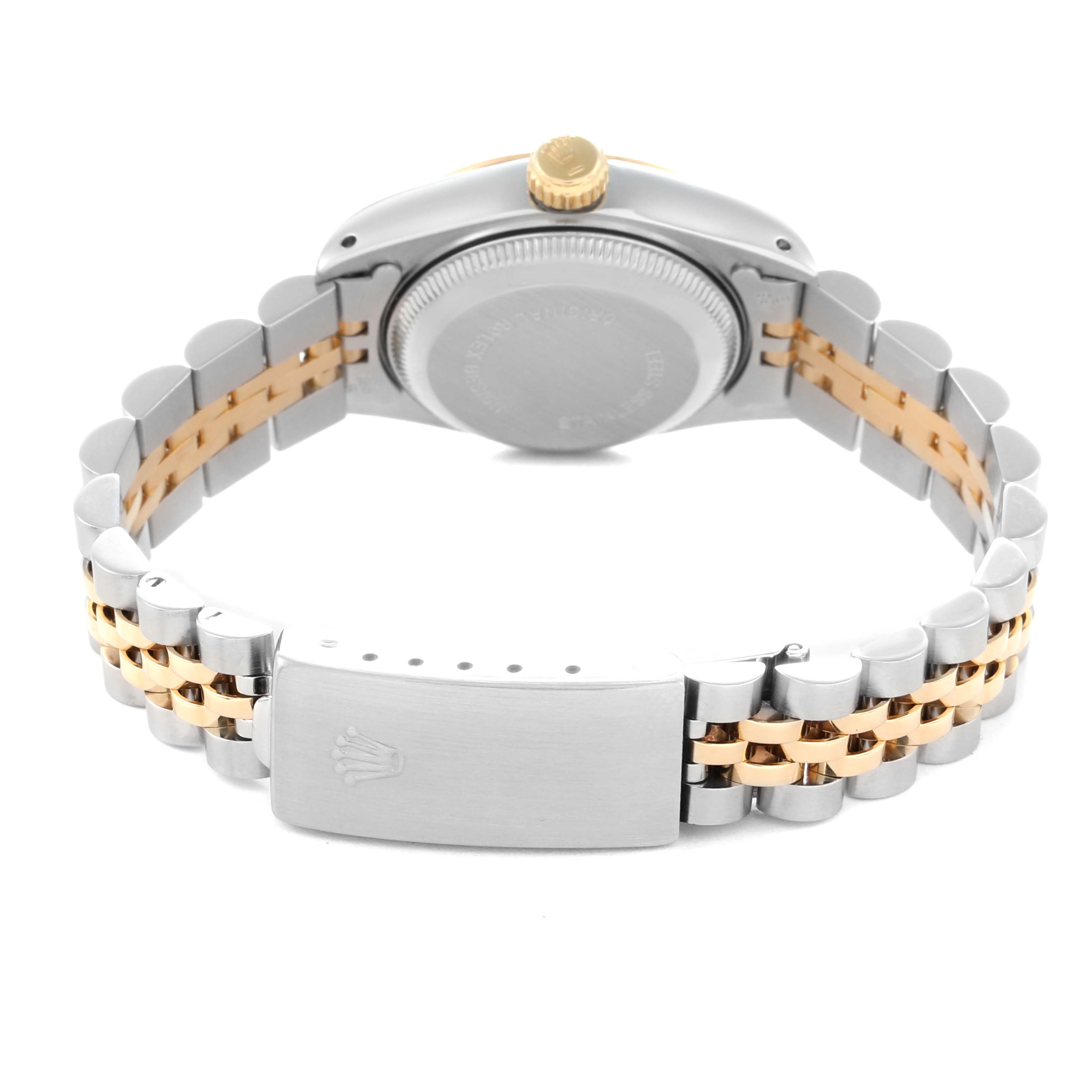 The image shows the back of the Rolex Datejust 79173 Women
s Steel and Gold (two tone) Champagne Dial 79173 Women
s Steel and Gold (two tone) Champagne Dial, focusing on the case back, crown, and two-tone bracelet with clasp.