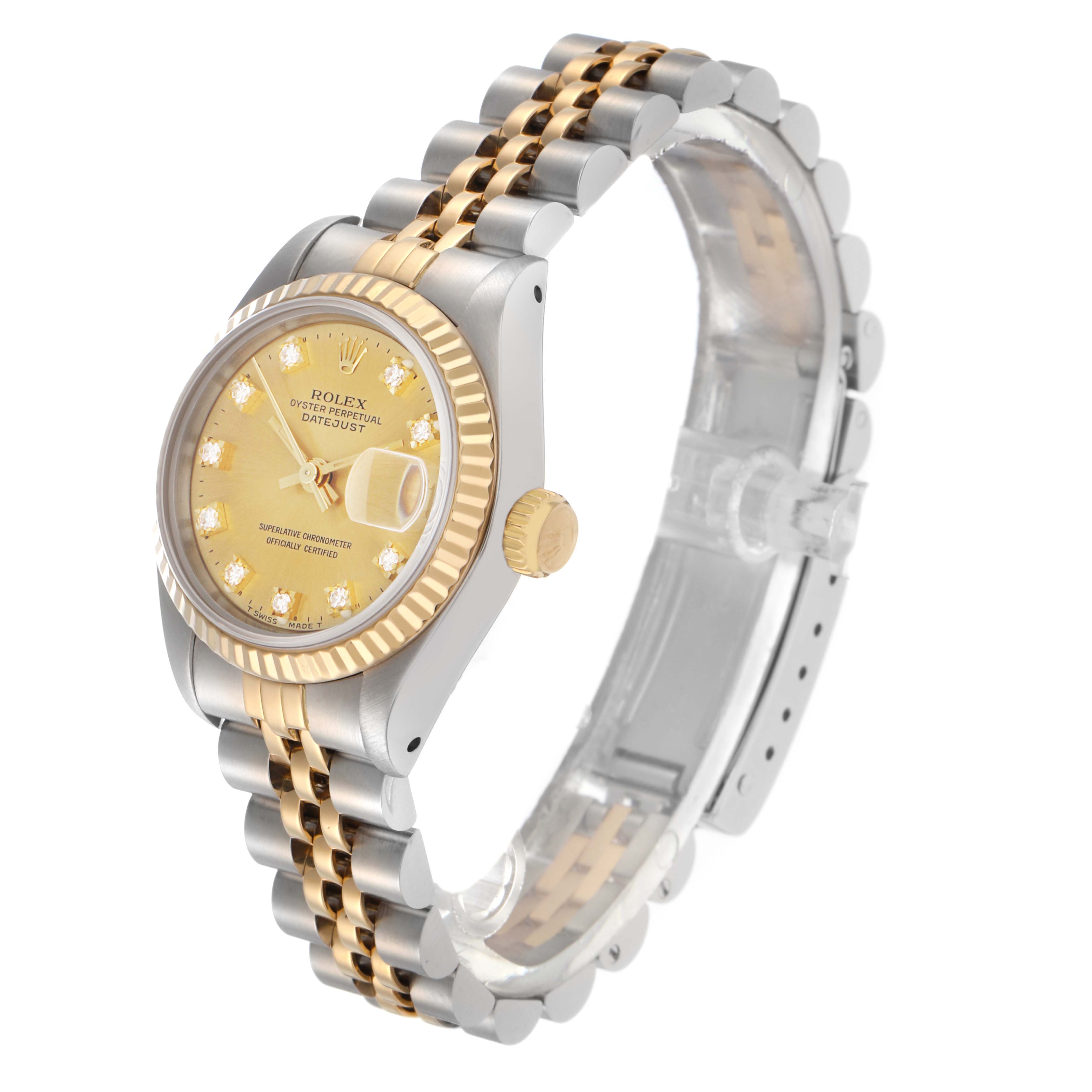 The Rolex Datejust 79173 Women
s Steel and Gold (two tone) Champagne Dial 79173 Women
s Steel and Gold (two tone) Champagne Dial watch is shown at a 3/4 angle, displaying the face, bezel, crown, and bracelet clearly.