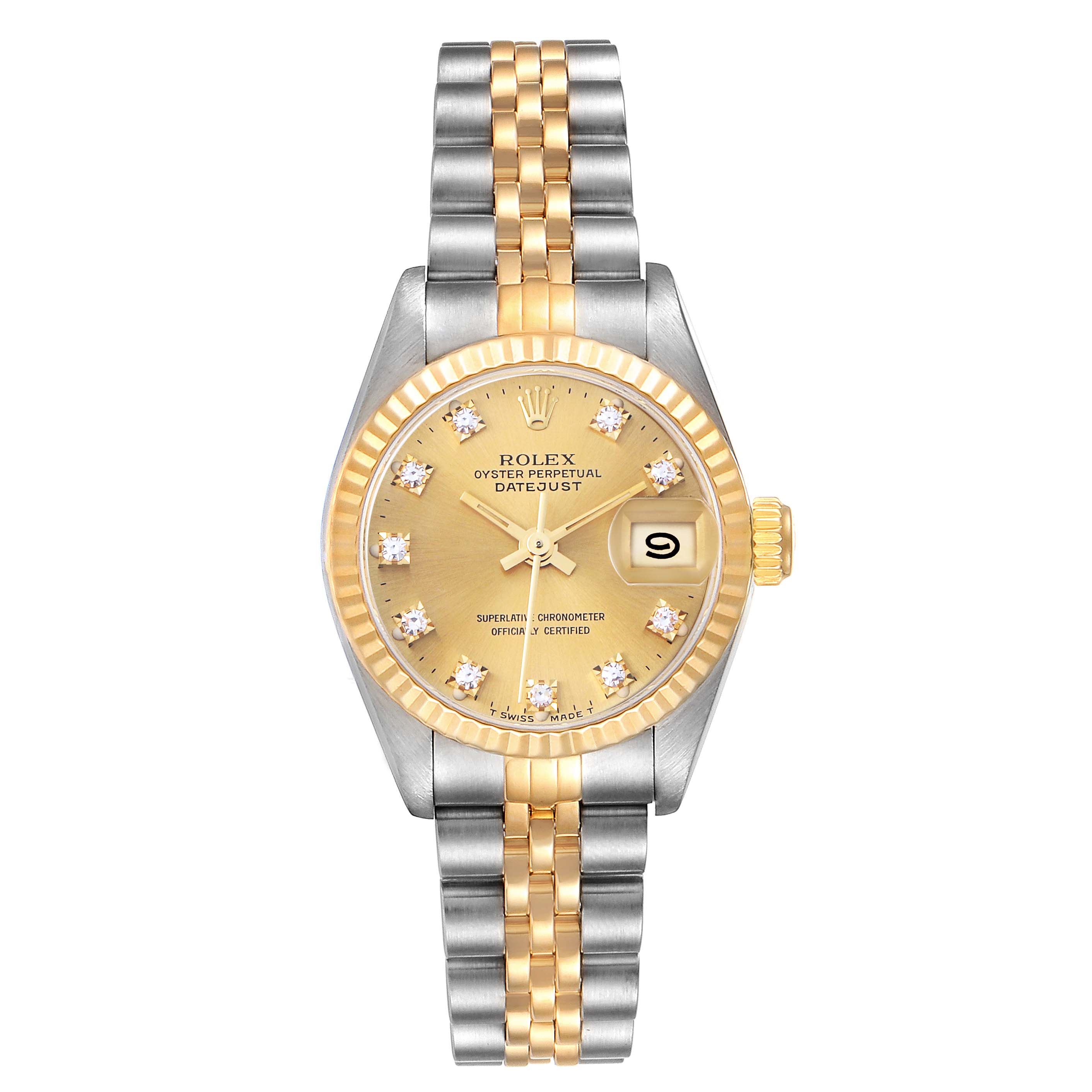 The Rolex Datejust 79173 Women
s Steel and Gold (two tone) Champagne Dial 79173 Women
s Steel and Gold (two tone) Champagne Dial is shown from a top-down angle, highlighting its dial, bezel, and bracelet.