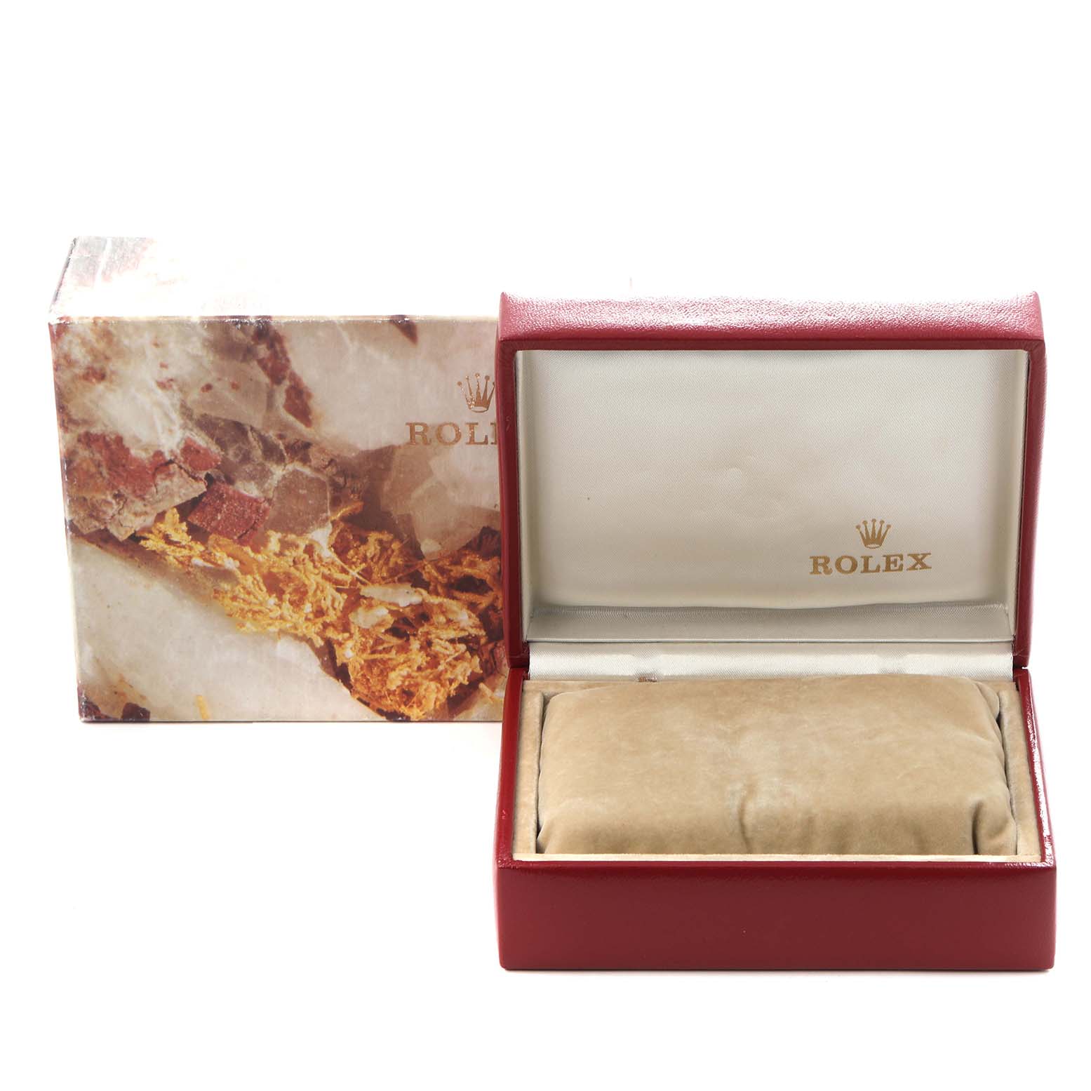 The image shows an empty Rolex Datejust 79173 Women
s Steel and Gold (two tone) Champagne Dial 79173 Women
s Steel and Gold (two tone) Champagne Dial watch box and packaging from a front angle.