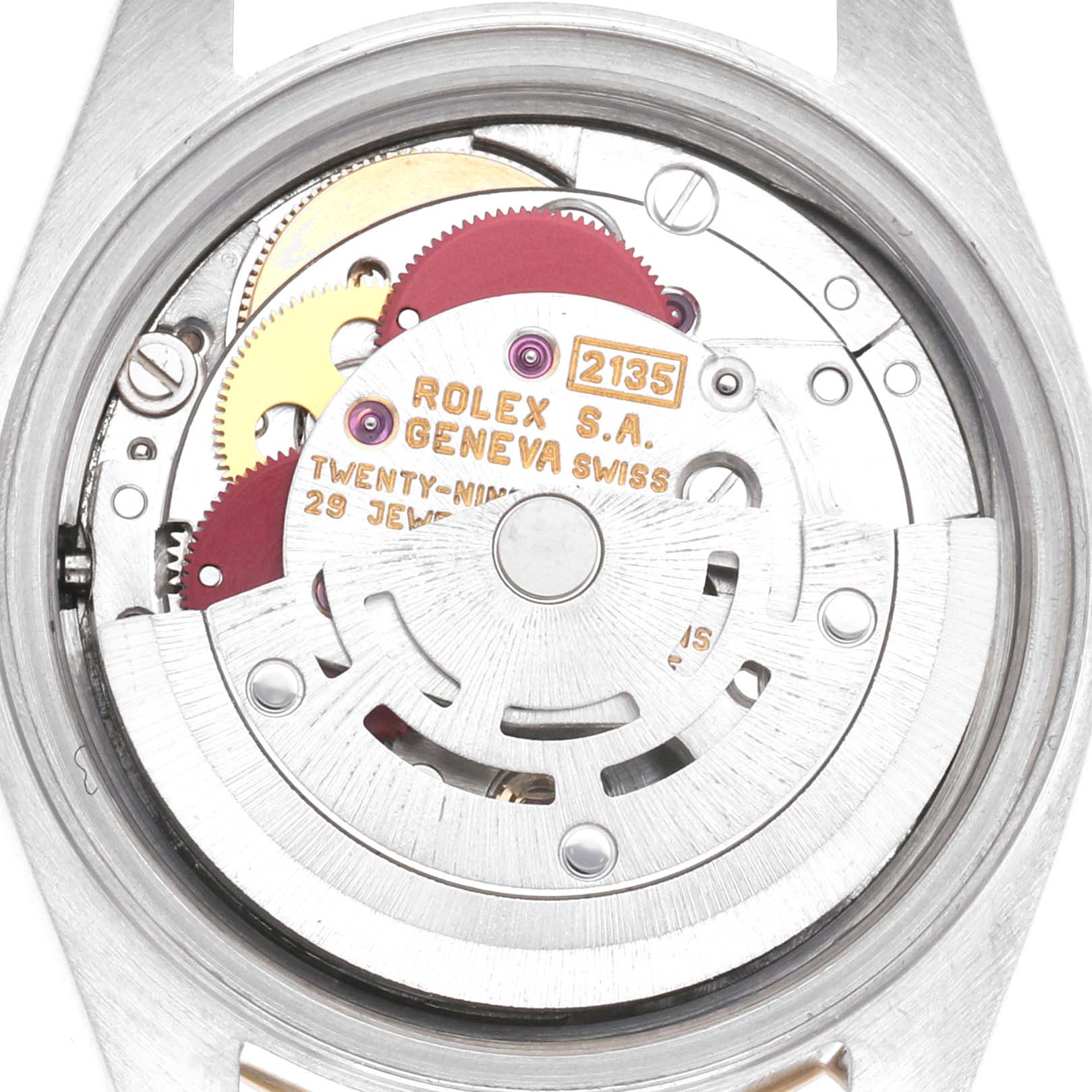 The image shows the internal movement from a top view of a Rolex Datejust 79173 Women
s Steel and Gold (two tone) Champagne Dial 79173 Women
s Steel and Gold (two tone) Champagne Dial, highlighting gears and engravings.