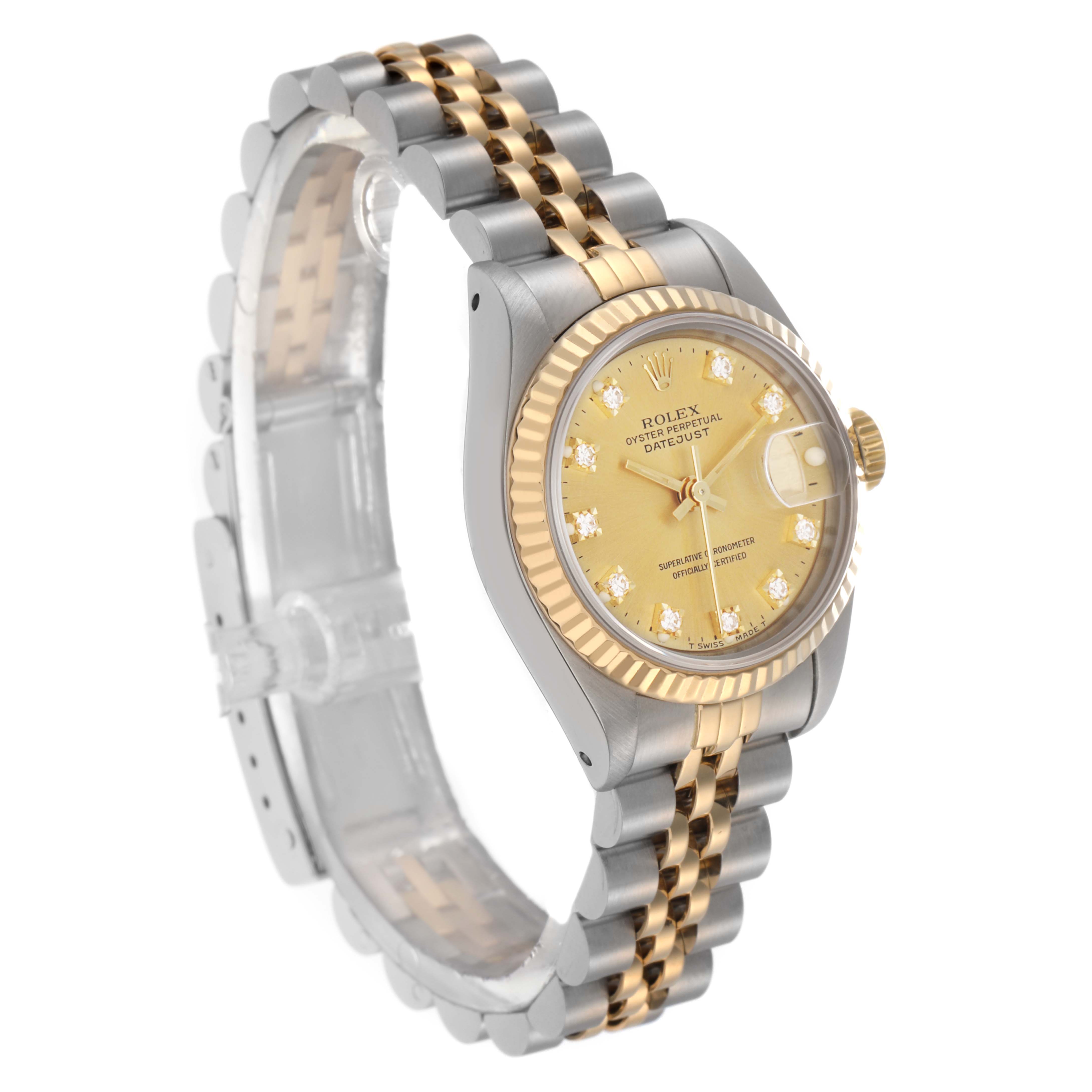 The Rolex Datejust 79173 Women
s Steel and Gold (two tone) Champagne Dial 79173 Women
s Steel and Gold (two tone) Champagne Dial watch is shown at an angle highlighting the dial, bezel, and two-tone bracelet.