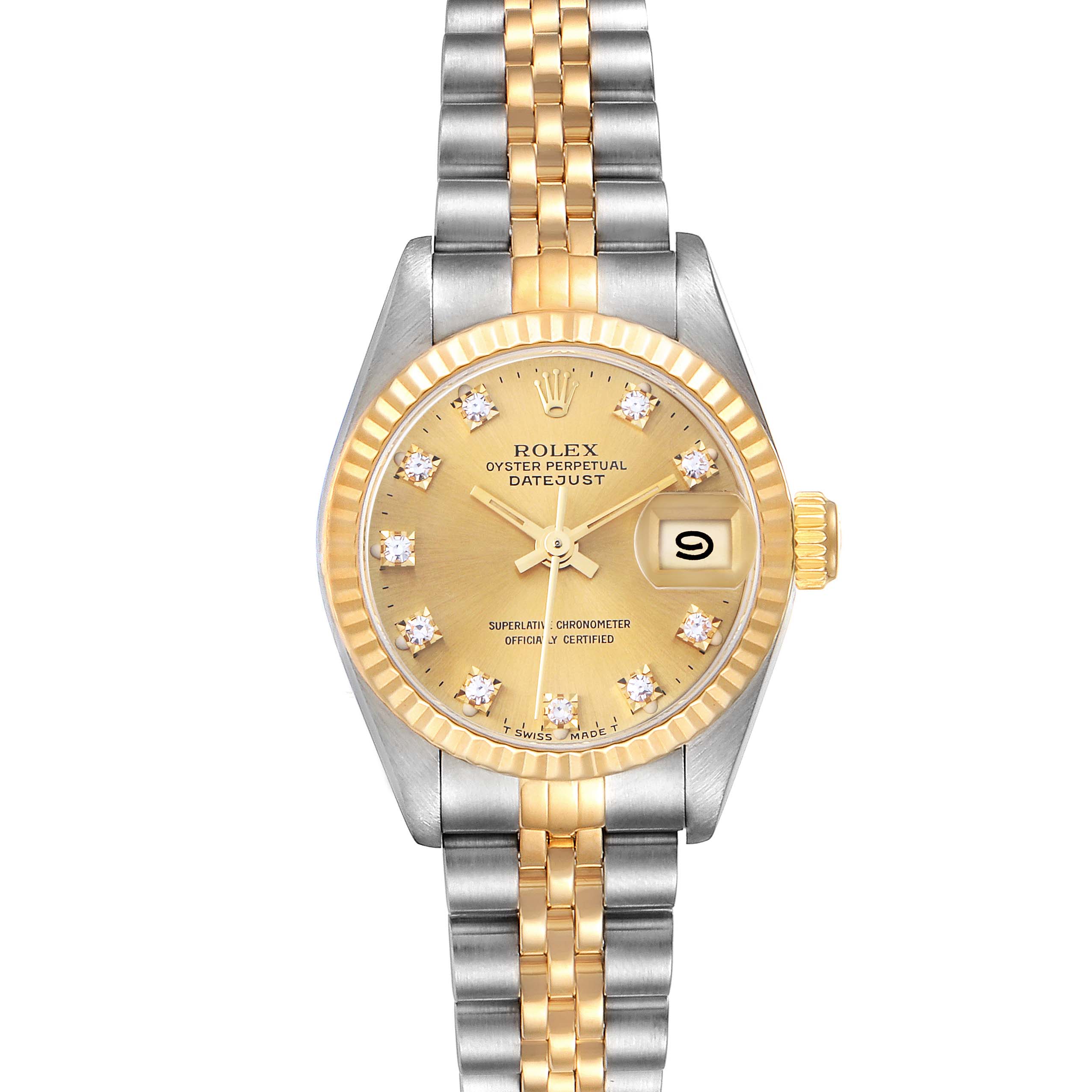 The Rolex Datejust 79173 Women
s Steel and Gold (two tone) Champagne Dial 79173 Women
s Steel and Gold (two tone) Champagne Dial watch is shown from a top view, displaying its two-tone bracelet, fluted bezel, and diamond hour markers.