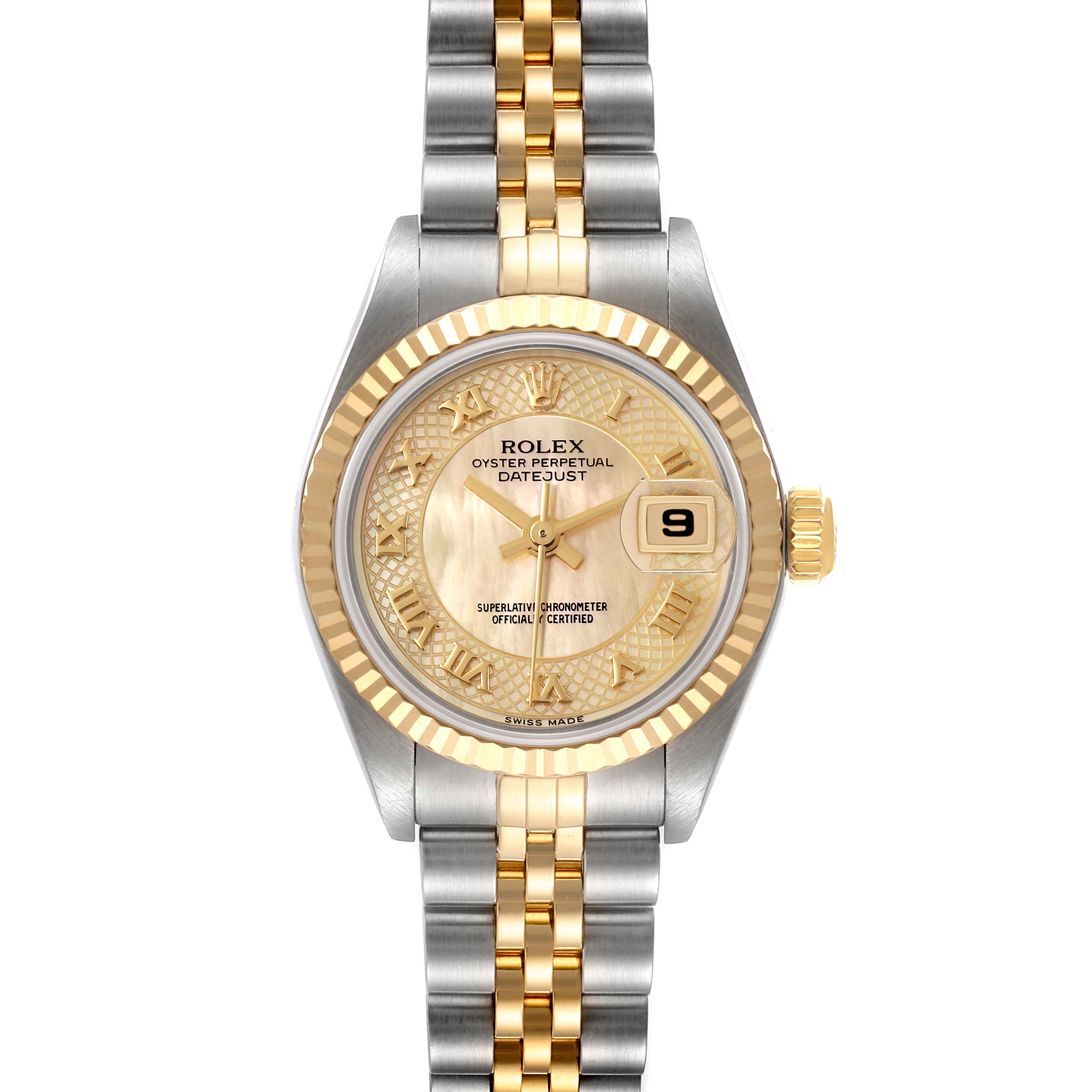 This image shows a Rolex Datejust 79173 Women's Steel and Gold (two tone) Mother of Pearl Dial 79173 Women's Steel and Gold (two tone) Mother of Pearl Dial watch from a top-down angle, highlighting its dial, fluted bezel, and two-tone bracelet.