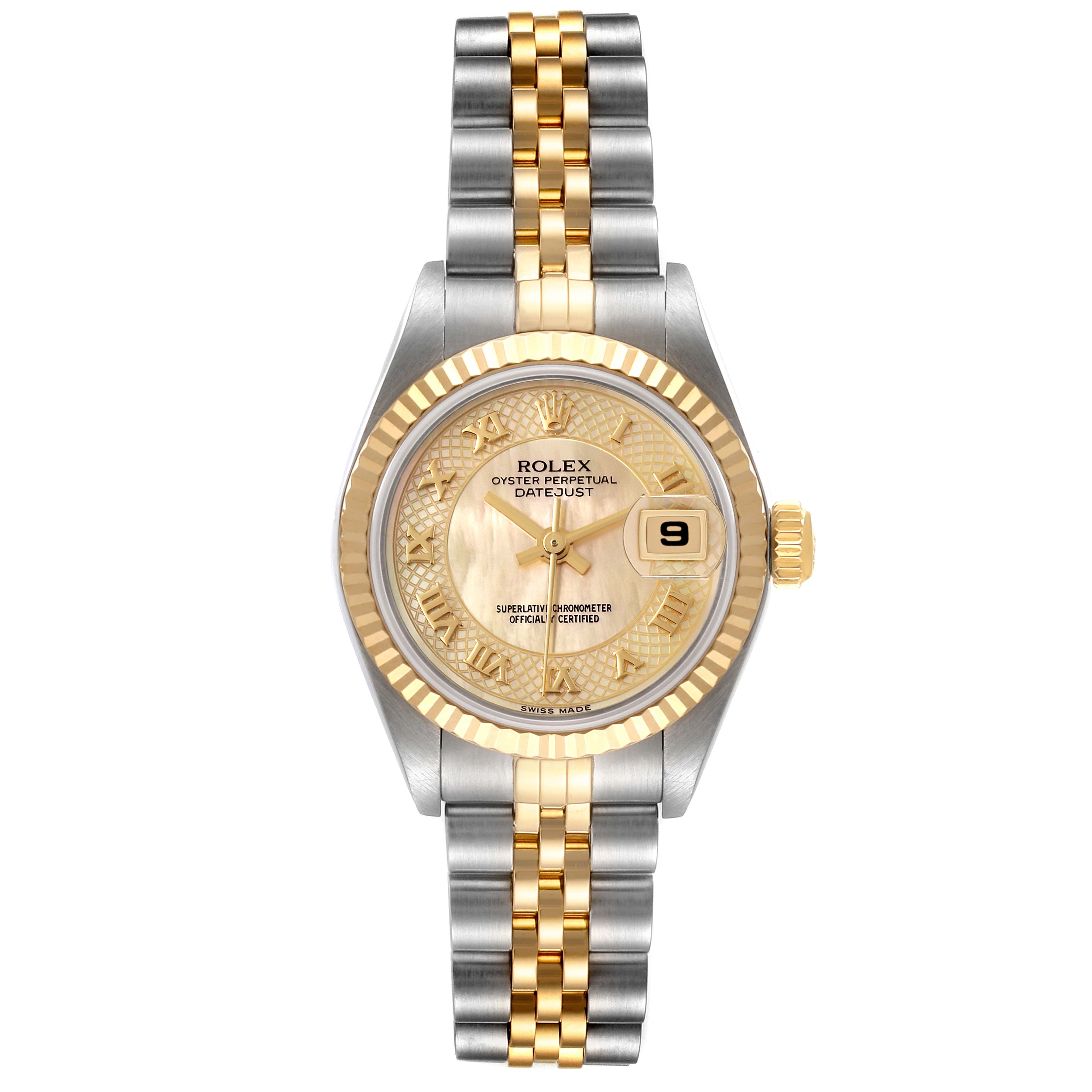 The image shows a front view of the Rolex Datejust 79173 Women's Steel and Gold (two tone) Mother of Pearl Dial 79173 Women's Steel and Gold (two tone) Mother of Pearl Dial watch, displaying the dial, bezel, and bracelet.