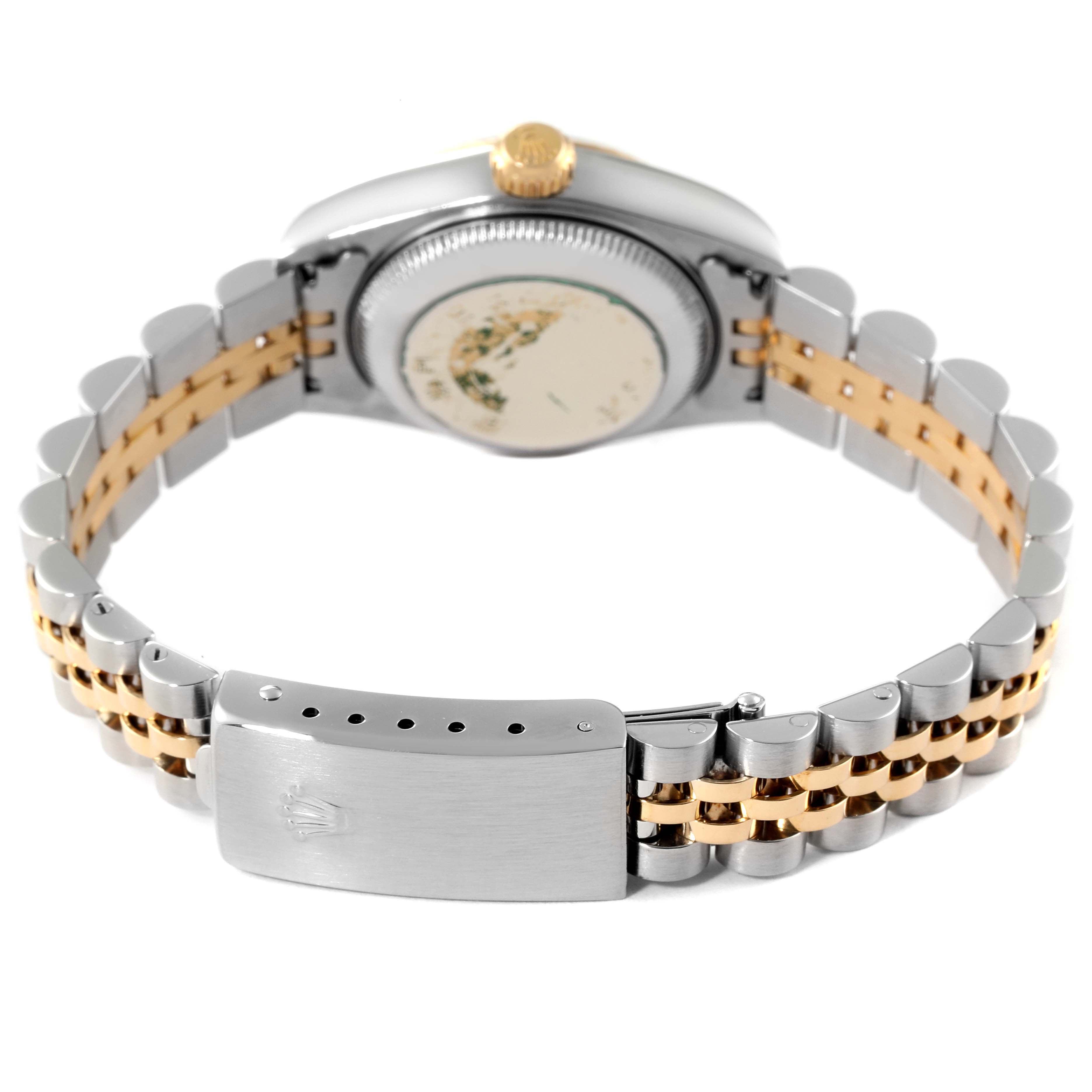 This image shows the backside of a Rolex Datejust 79173 Women's Steel and Gold (two tone) Mother of Pearl Dial 79173 Women's Steel and Gold (two tone) Mother of Pearl Dial watch, highlighting the two-tone bracelet and clasp.