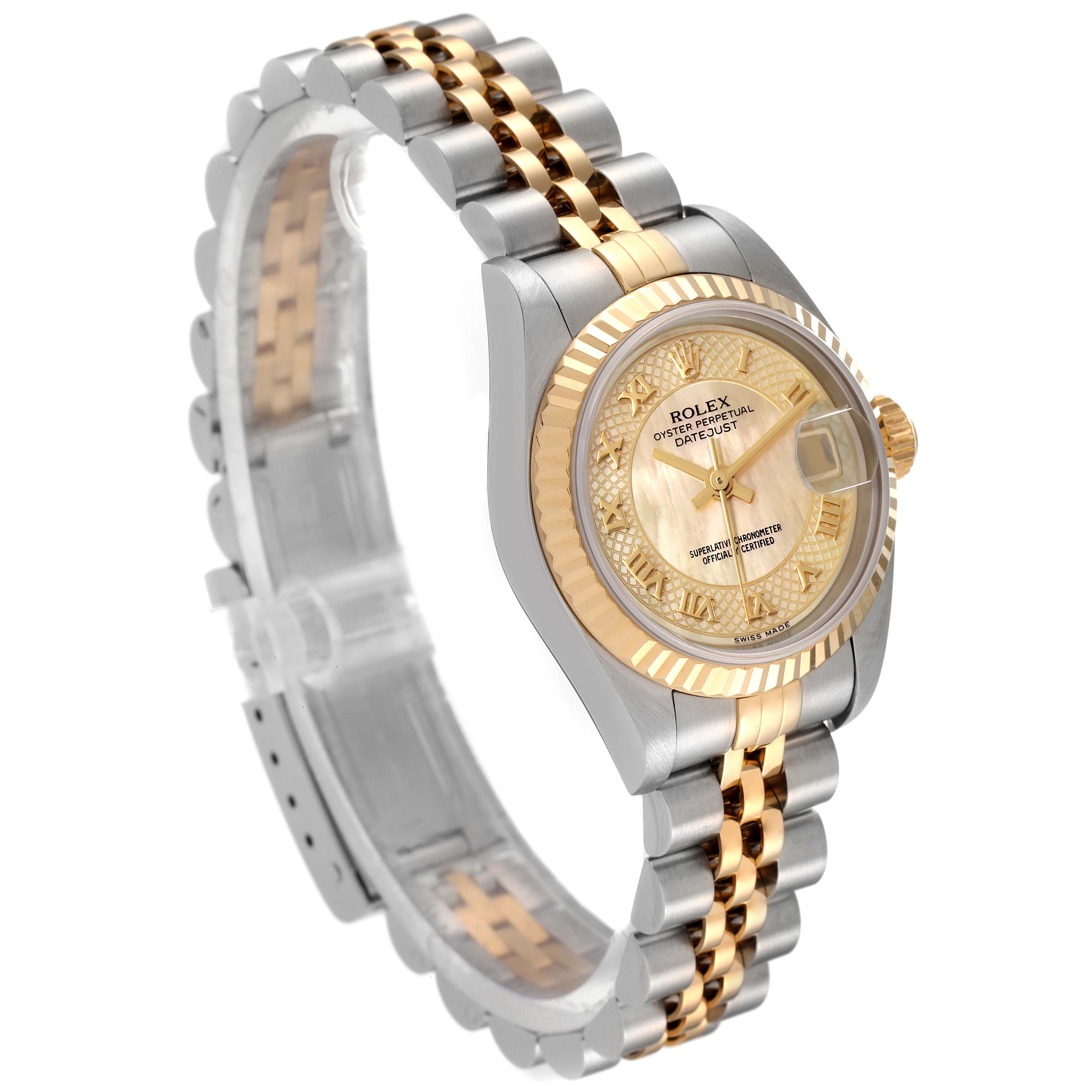 The photo shows a Rolex Datejust 79173 Women's Steel and Gold (two tone) Mother of Pearl Dial 79173 Women's Steel and Gold (two tone) Mother of Pearl Dial watch at a three-quarter angle, highlighting the face, bezel, and bracelet.