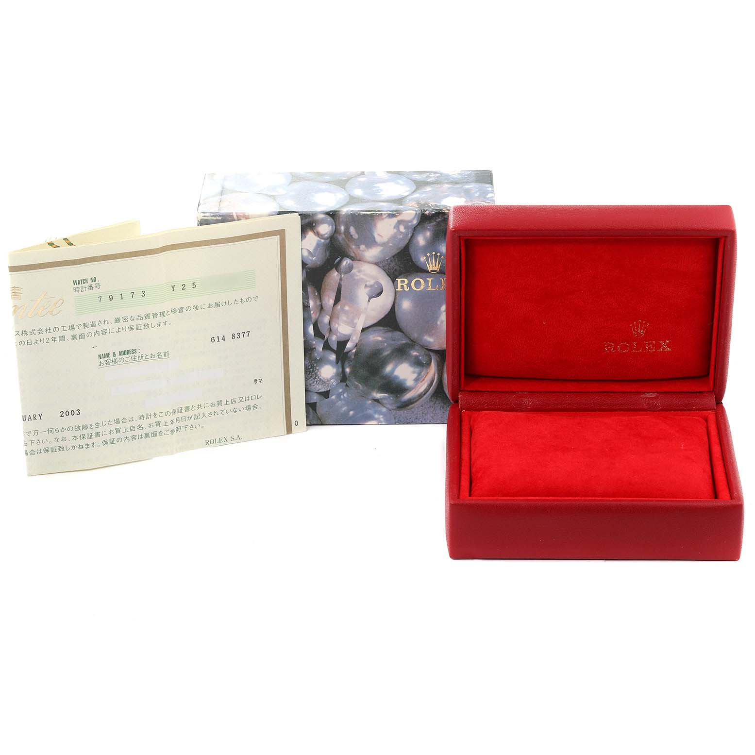 The image shows a Rolex Datejust 79173 Women's Steel and Gold (two tone) Mother of Pearl Dial 79173 Women's Steel and Gold (two tone) Mother of Pearl Dial model box, warranty paperwork, and outer box.