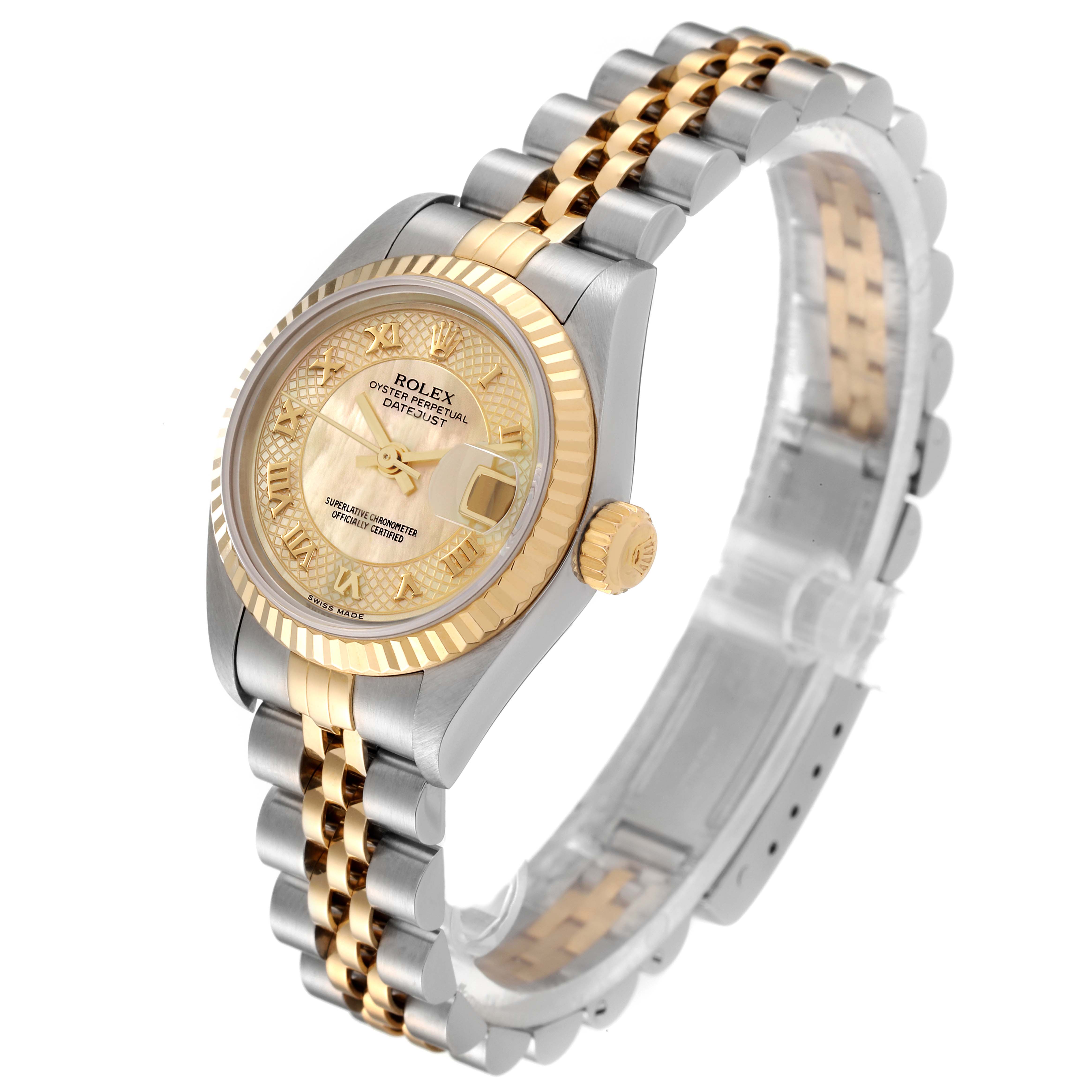 The Rolex Datejust 79173 Women's Steel and Gold (two tone) Mother of Pearl Dial 79173 Women's Steel and Gold (two tone) Mother of Pearl Dial watch is shown from a top-side angle, displaying the face, bracelet, bezel, and crown.