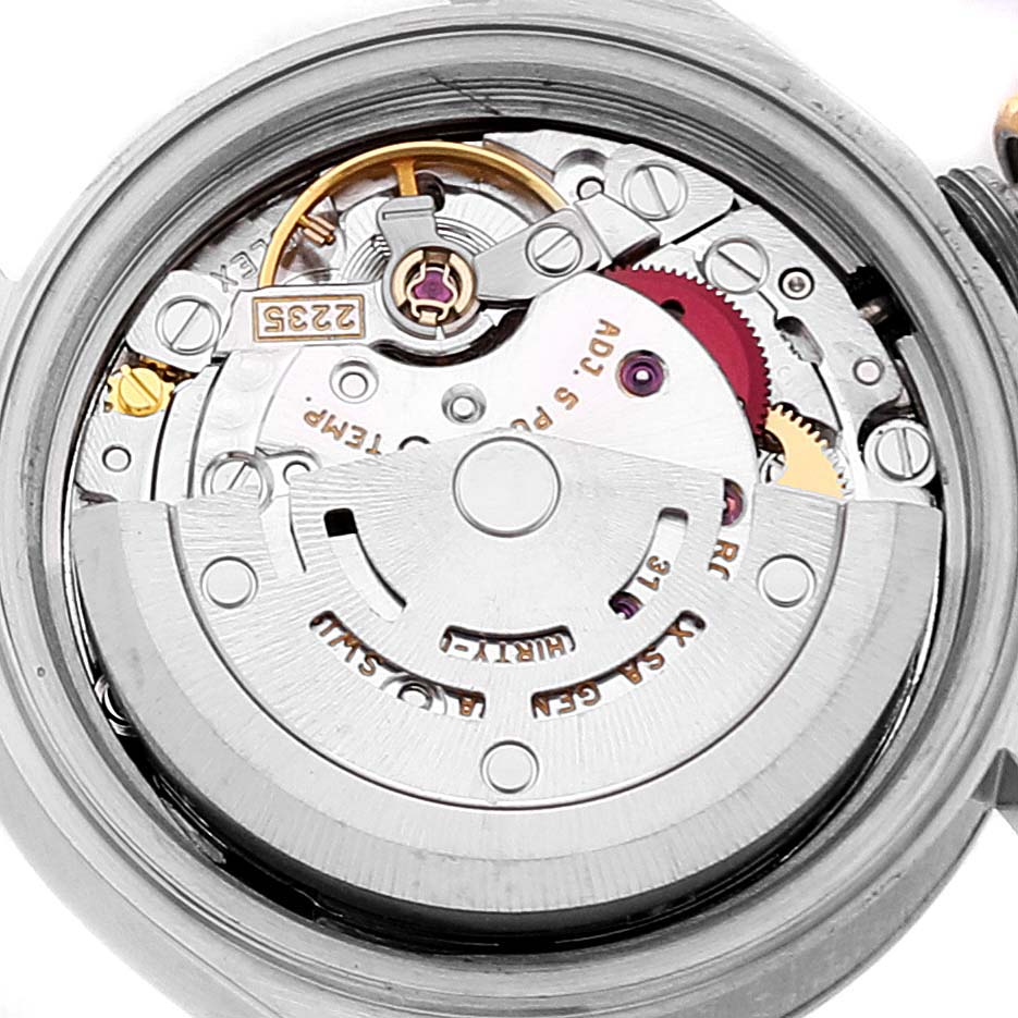 The image shows the internal movement mechanism of a Rolex Datejust 79173 Women's Steel and Gold (two tone) Mother of Pearl Dial 79173 Women's Steel and Gold (two tone) Mother of Pearl Dial watch from an overhead angle.