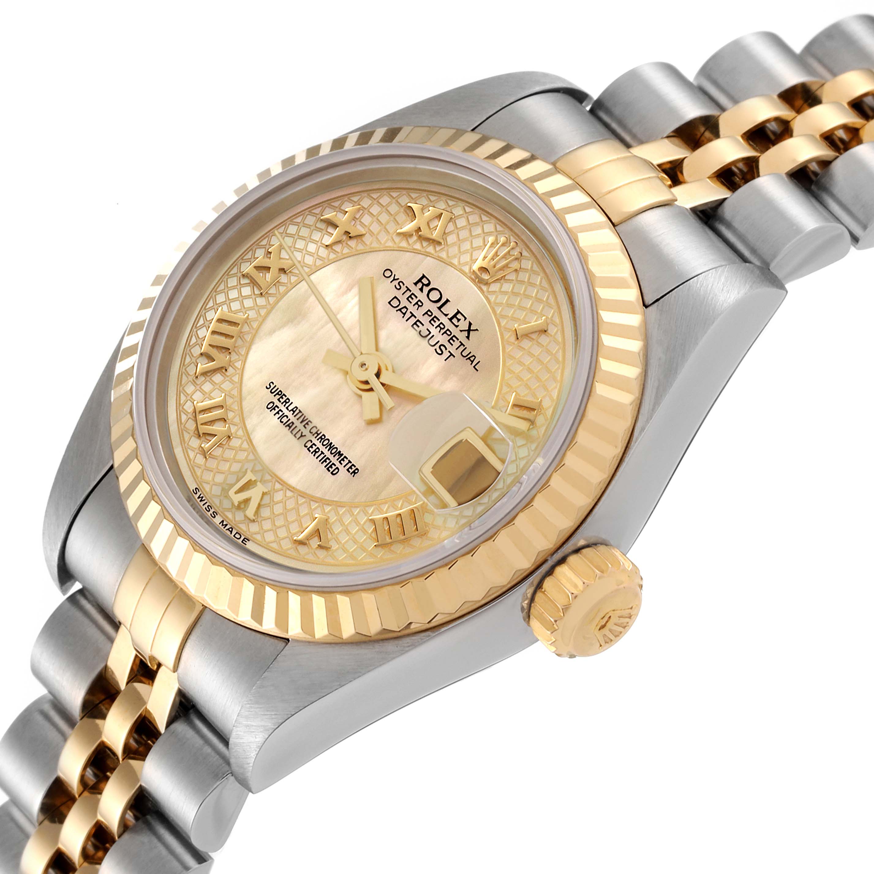 The Rolex Datejust 79173 Women's Steel and Gold (two tone) Mother of Pearl Dial 79173 Women's Steel and Gold (two tone) Mother of Pearl Dial watch is shown at a 45-degree angle highlighting its gold and silver bracelet, bezel, and dial.