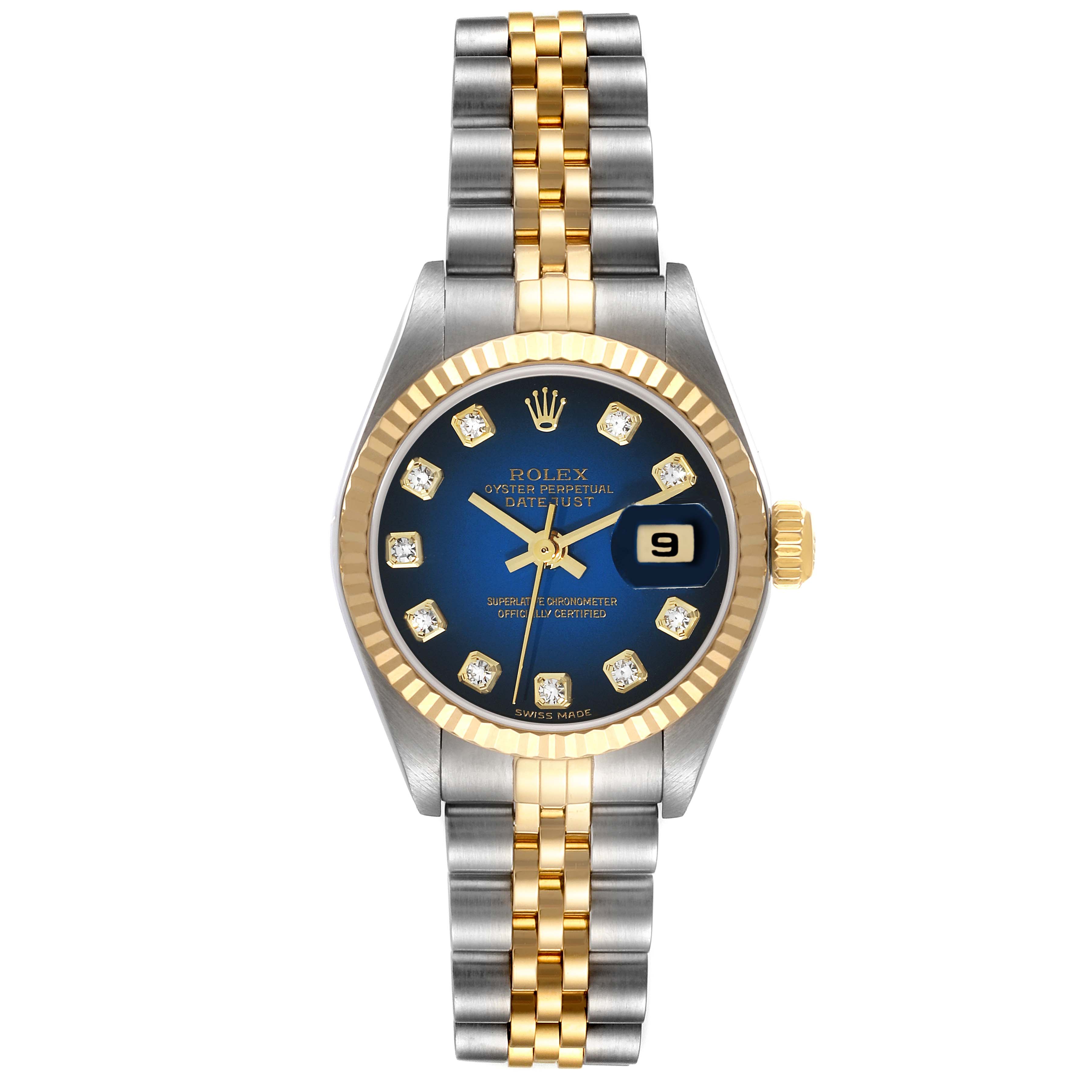 This image shows a Rolex Datejust 79173 Women's Steel and Gold (two tone) Blue Dial 79173 Women's Steel and Gold (two tone) Blue Dial watch from a top-down angle, displaying its blue dial, two-tone bracelet, and fluted bezel.