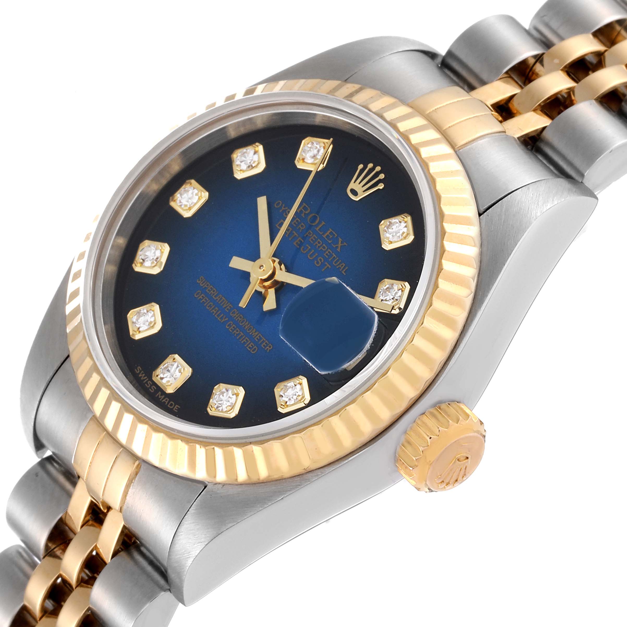The image shows a close-up angle of the Rolex Datejust 79173 Women's Steel and Gold (two tone) Blue Dial 79173 Women's Steel and Gold (two tone) Blue Dial watch, highlighting the dial, bezel, and part of the bracelet.