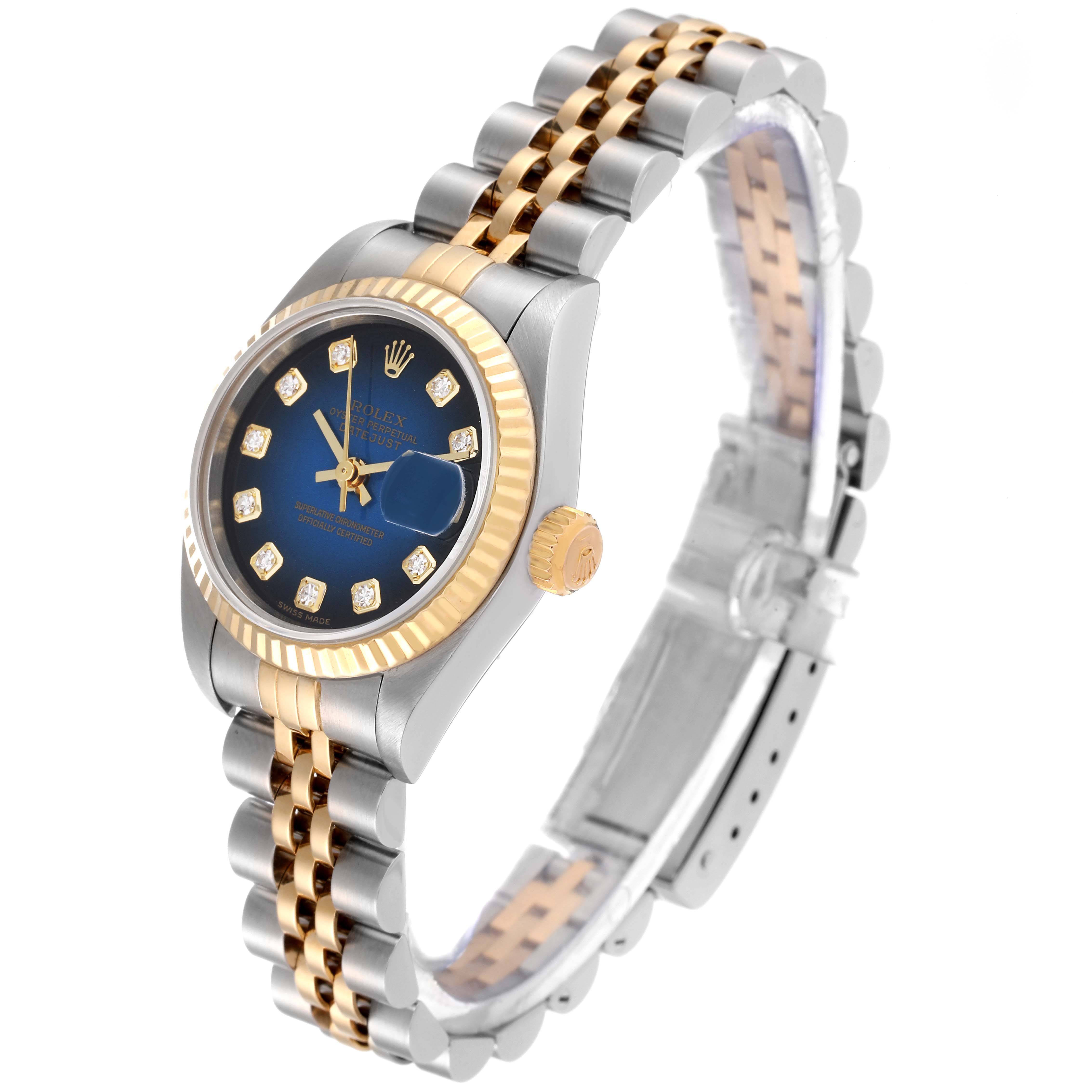 The image shows a Rolex Datejust 79173 Women's Steel and Gold (two tone) Blue Dial 79173 Women's Steel and Gold (two tone) Blue Dial watch at a slight angle, highlighting its face, bezel, crown, and two-tone bracelet.
