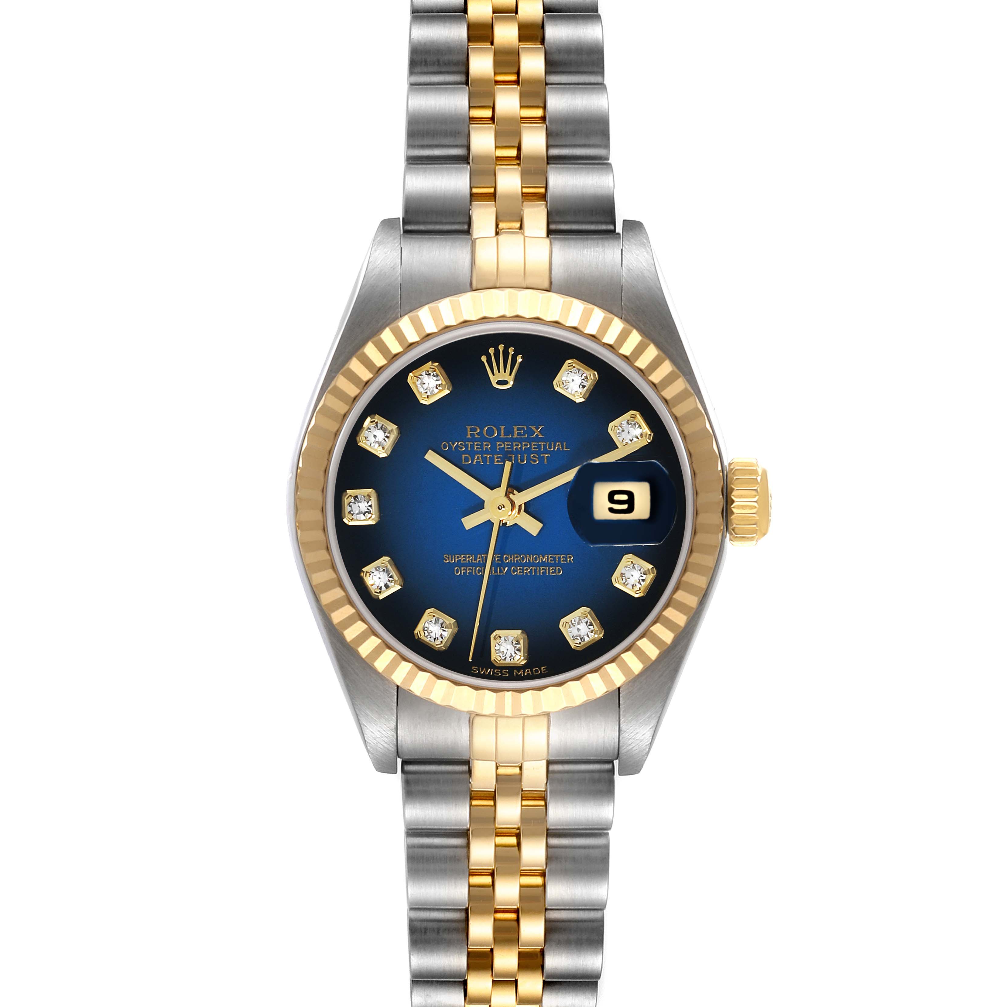 This Rolex Datejust 79173 Women's Steel and Gold (two tone) Blue Dial 79173 Women's Steel and Gold (two tone) Blue Dial watch is shown from a straight-on view, displaying its blue dial, diamond hour markers, two-tone bracelet, and date window.
