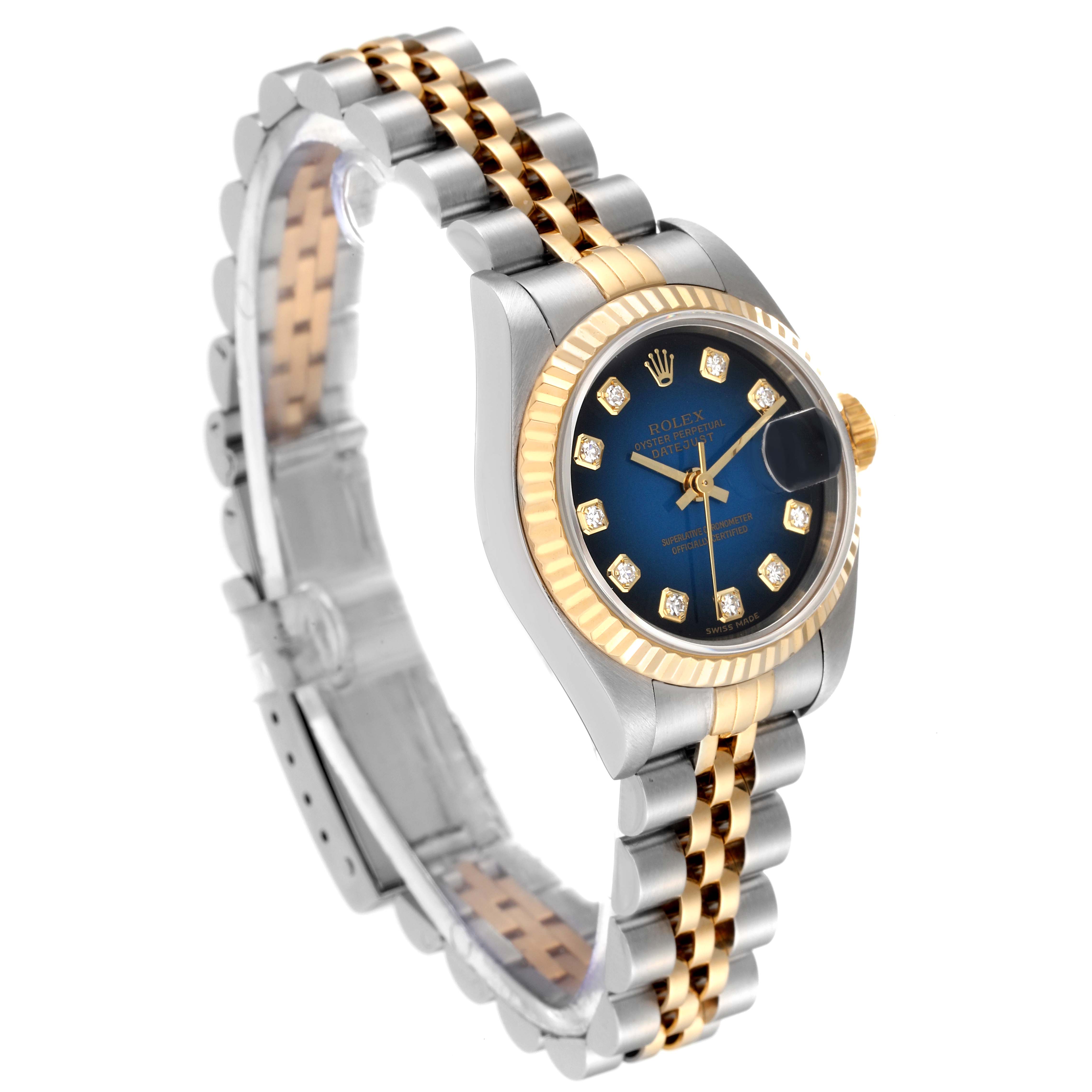 The Rolex Datejust 79173 Women's Steel and Gold (two tone) Blue Dial 79173 Women's Steel and Gold (two tone) Blue Dial watch is shown at a slight angle, showcasing its blue dial, diamond hour markers, and two-tone bracelet.