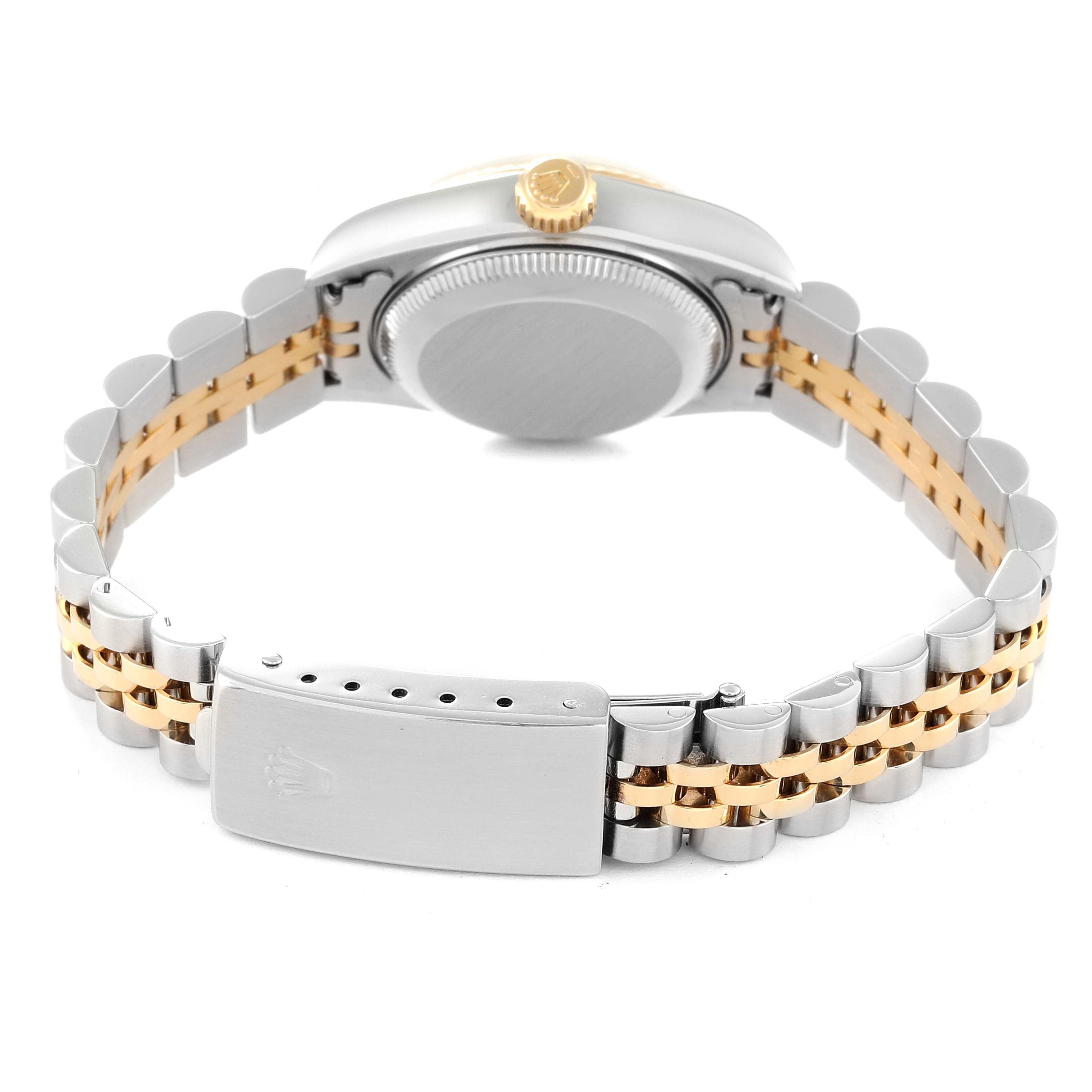 This Rolex Datejust 79173 Women's Steel and Gold (two tone) Blue Dial 79173 Women's Steel and Gold (two tone) Blue Dial watch is shown from the backside, highlighting the case, crown, and two-tone bracelet with clasp.