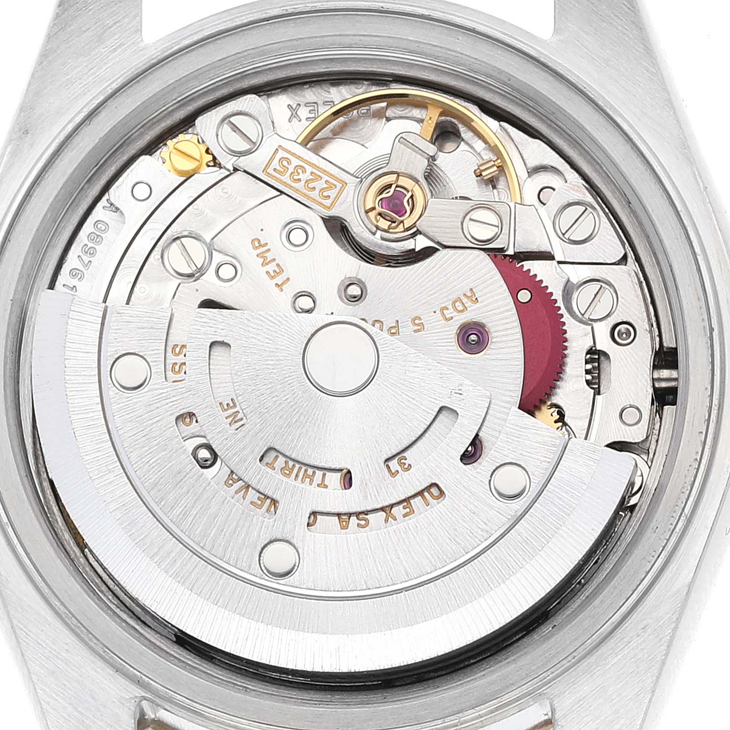 The image shows the movement and inner mechanism of a Rolex Datejust 79173 Women's Steel and Gold (two tone) Blue Dial 79173 Women's Steel and Gold (two tone) Blue Dial watch from a back angle.