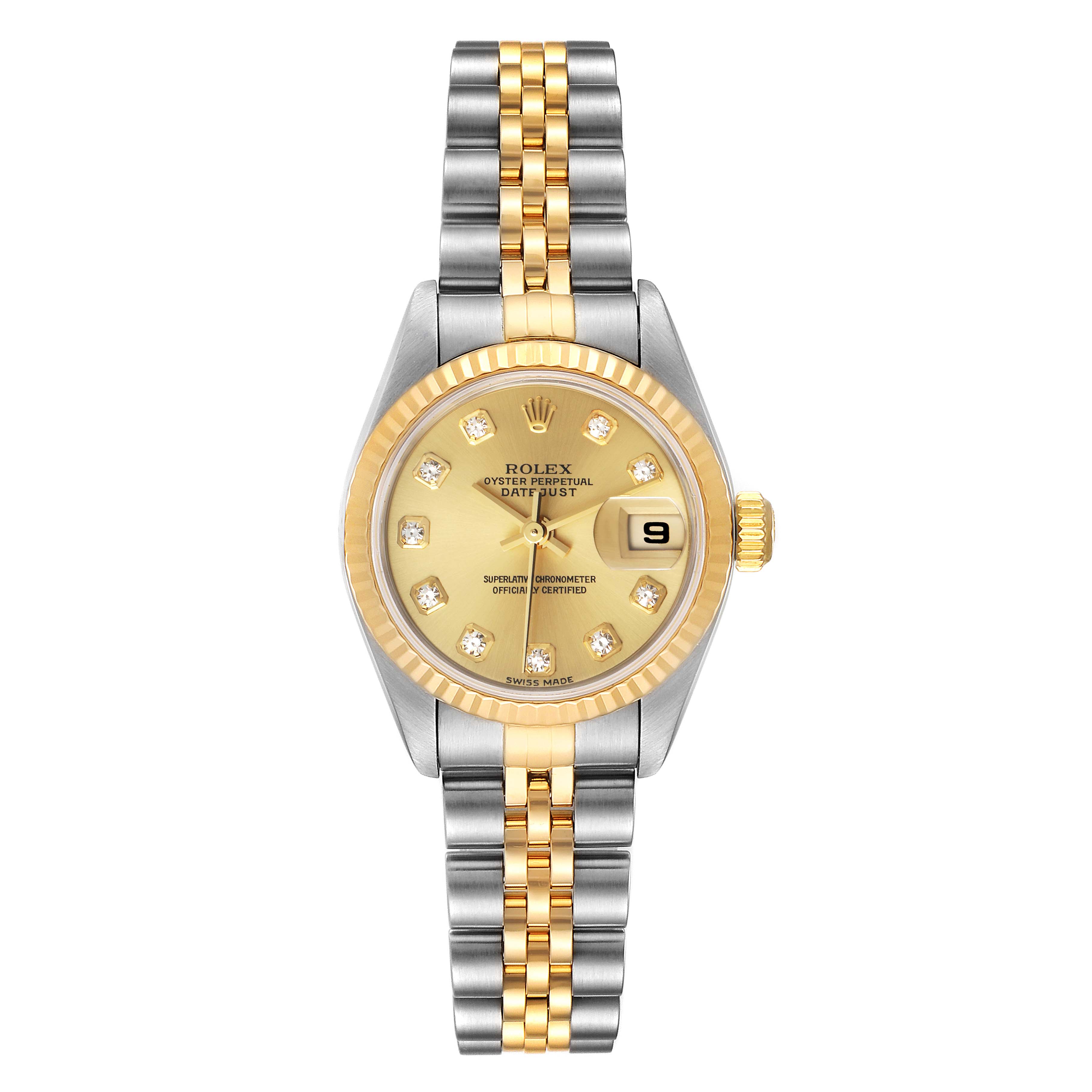 The Rolex Datejust 79173 Women
s Steel and Gold (two tone) Champagne Dial 79173 Women
s Steel and Gold (two tone) Champagne Dial watch is shown from a top-down angle, displaying its bracelet, dial, and date window at 3 o
clock.