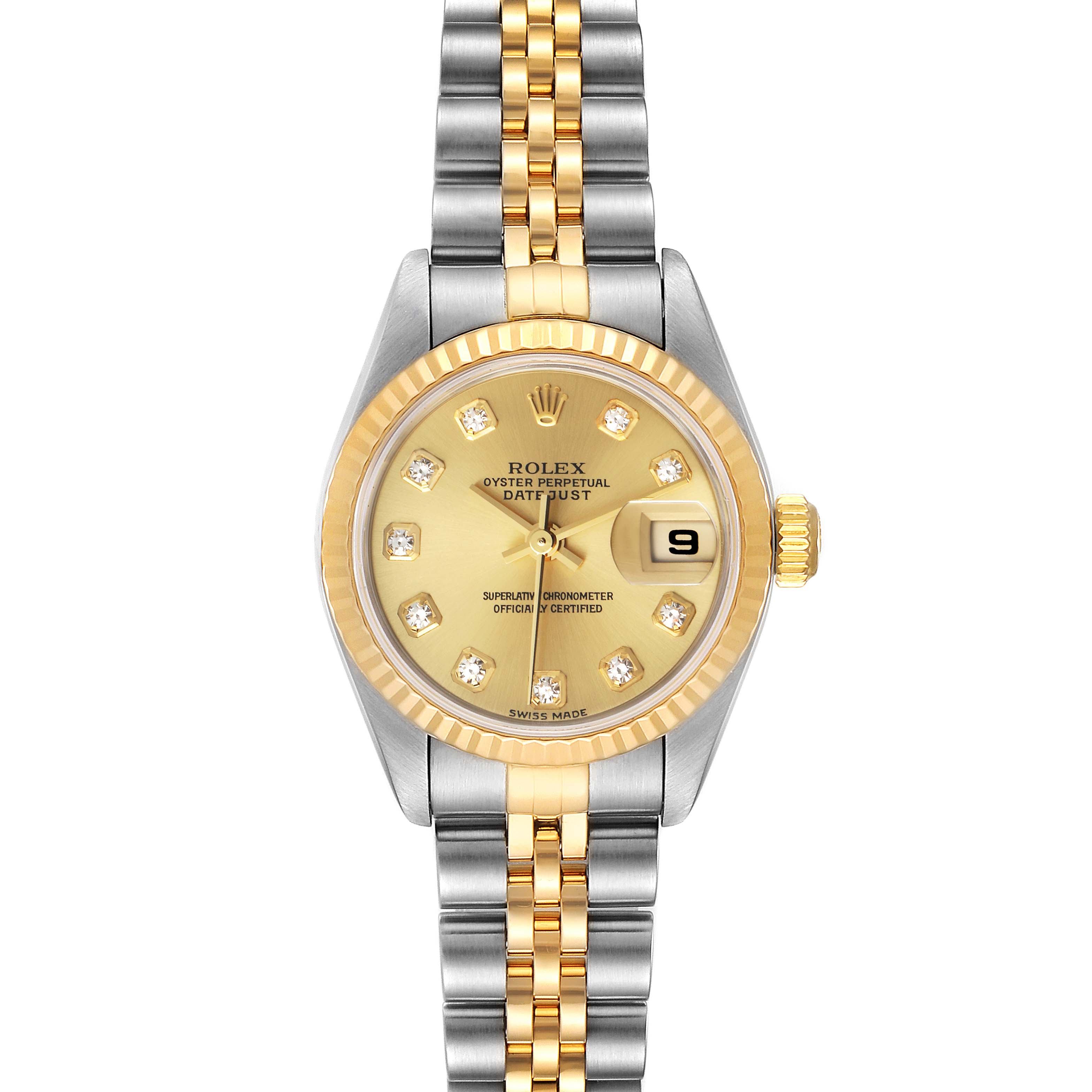 This Rolex Datejust 79173 Women
s Steel and Gold (two tone) Champagne Dial 79173 Women
s Steel and Gold (two tone) Champagne Dial watch is shown in a front-facing view, displaying the dial, bezel, and bracelet.