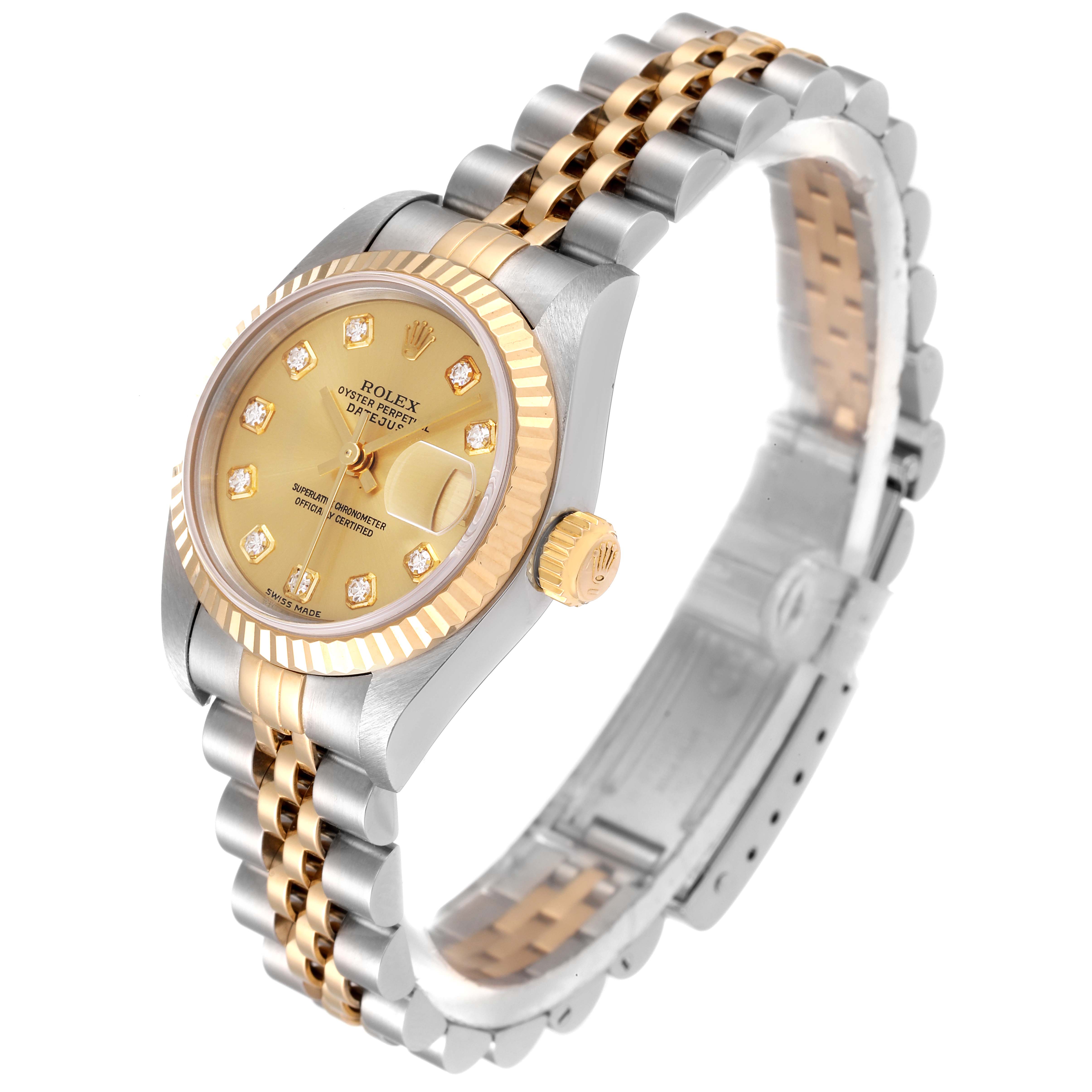 The image shows a Rolex Datejust 79173 Women
s Steel and Gold (two tone) Champagne Dial 79173 Women
s Steel and Gold (two tone) Champagne Dial watch at a slight angle, emphasizing its gold dial, fluted bezel, and two-tone Jubilee bracelet.