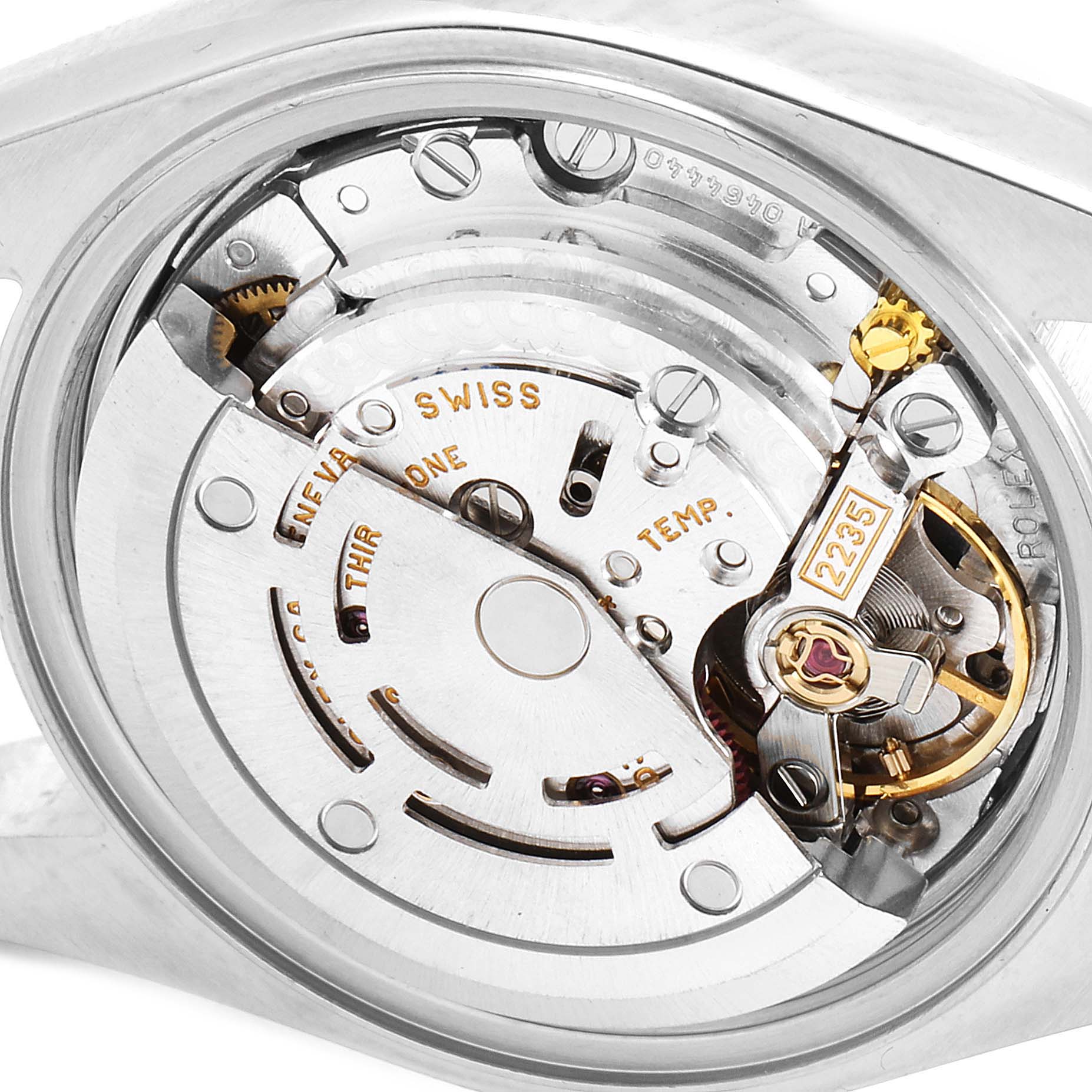 The image shows the internal mechanism of a Rolex Datejust 79173 Women
s Steel and Gold (two tone) Champagne Dial 79173 Women
s Steel and Gold (two tone) Champagne Dial watch, viewed from the back.