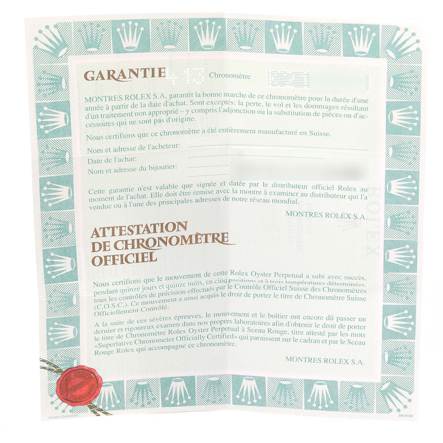 This image shows the official warranty and chronometer certification for the Rolex Datejust 79173 Women
s Steel and Gold (two tone) Champagne Dial 79173 Women
s Steel and Gold (two tone) Champagne Dial model watch.