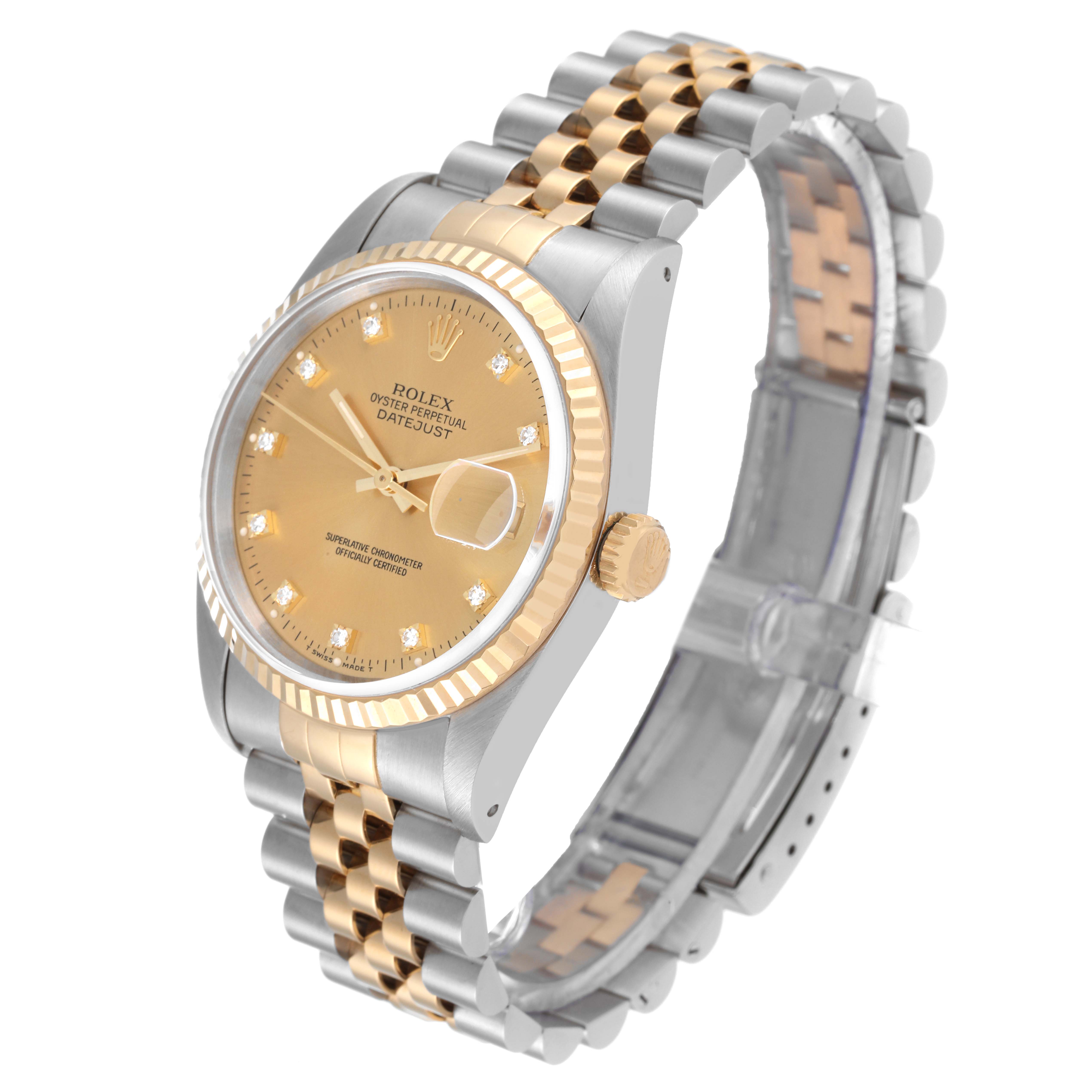 The image shows a Rolex Datejust 16233 Men's Steel and Gold (two tone) Champagne Dial 16233 Men's Steel and Gold (two tone) Champagne Dial watch from an angled side view, highlighting the face, bezel, crown, and bracelet.