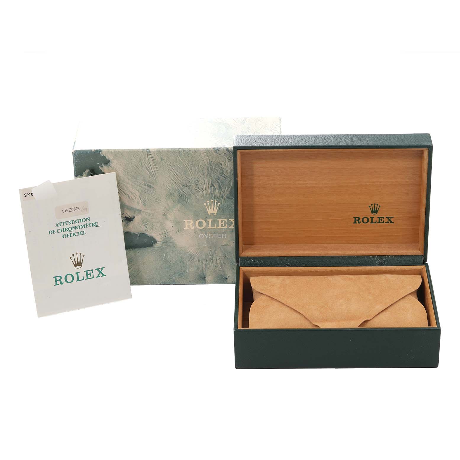 The image shows an open Rolex Datejust 16233 Men's Steel and Gold (two tone) Champagne Dial 16233 Men's Steel and Gold (two tone) Champagne Dial watch box with its cover and certificate beside it.