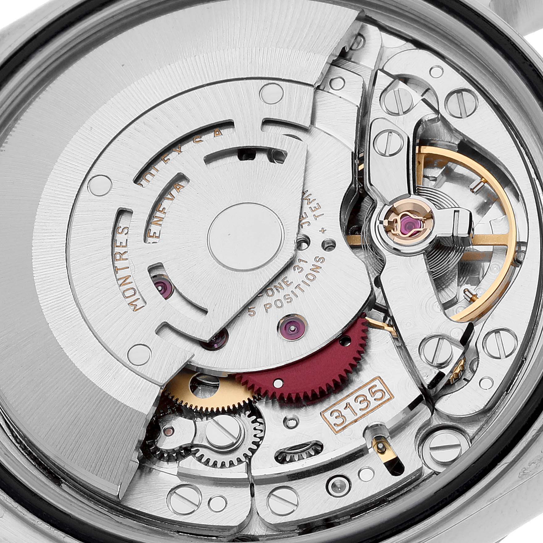 The image shows the detailed internal movement mechanism of a Rolex Datejust 16233 Men's Steel and Gold (two tone) Champagne Dial 16233 Men's Steel and Gold (two tone) Champagne Dial watch, highlighting its intricate gears and components.