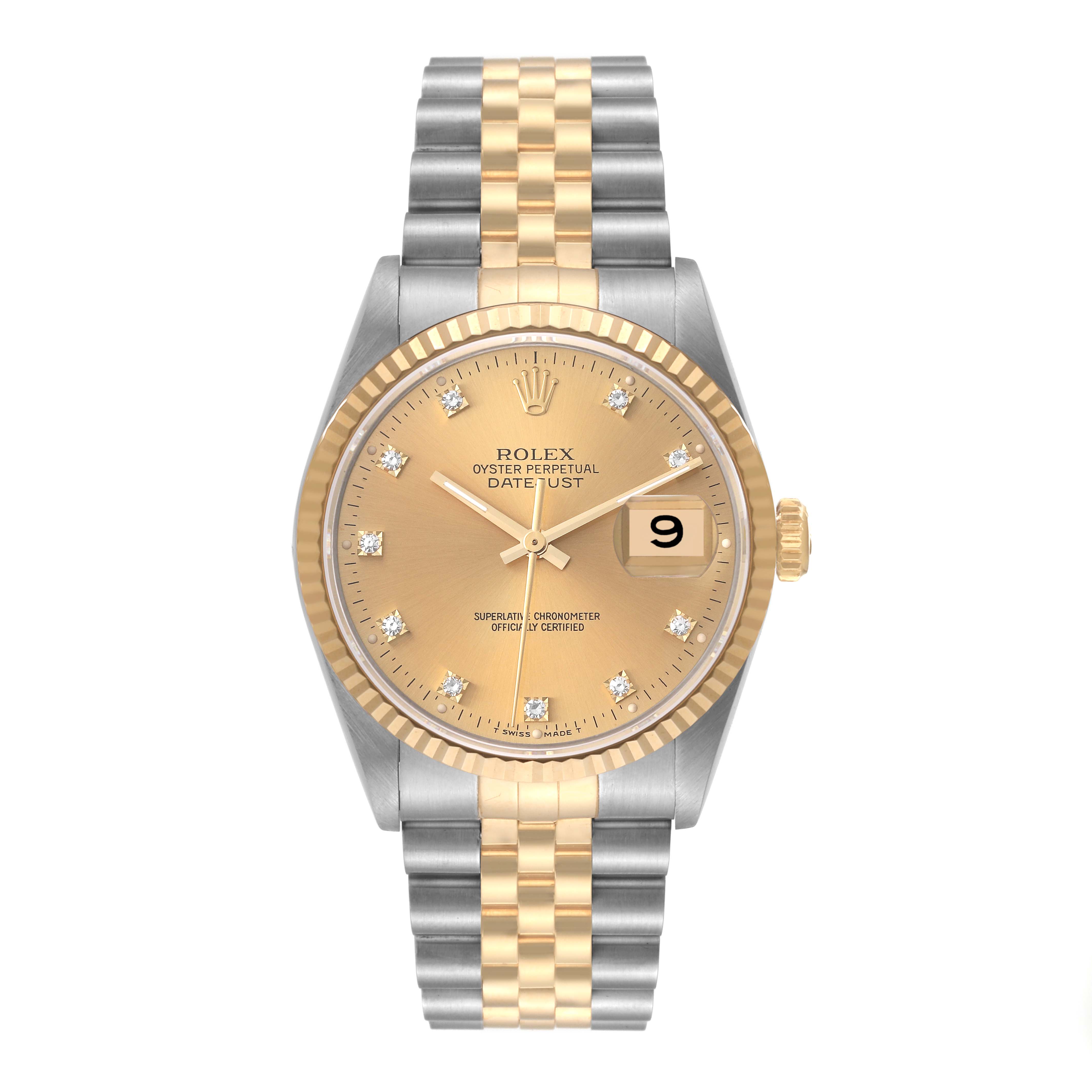 The image shows a frontal view of the Rolex Datejust 16233 Men's Steel and Gold (two tone) Champagne Dial 16233 Men's Steel and Gold (two tone) Champagne Dial watch, highlighting the dial, bezel, and two-tone bracelet.