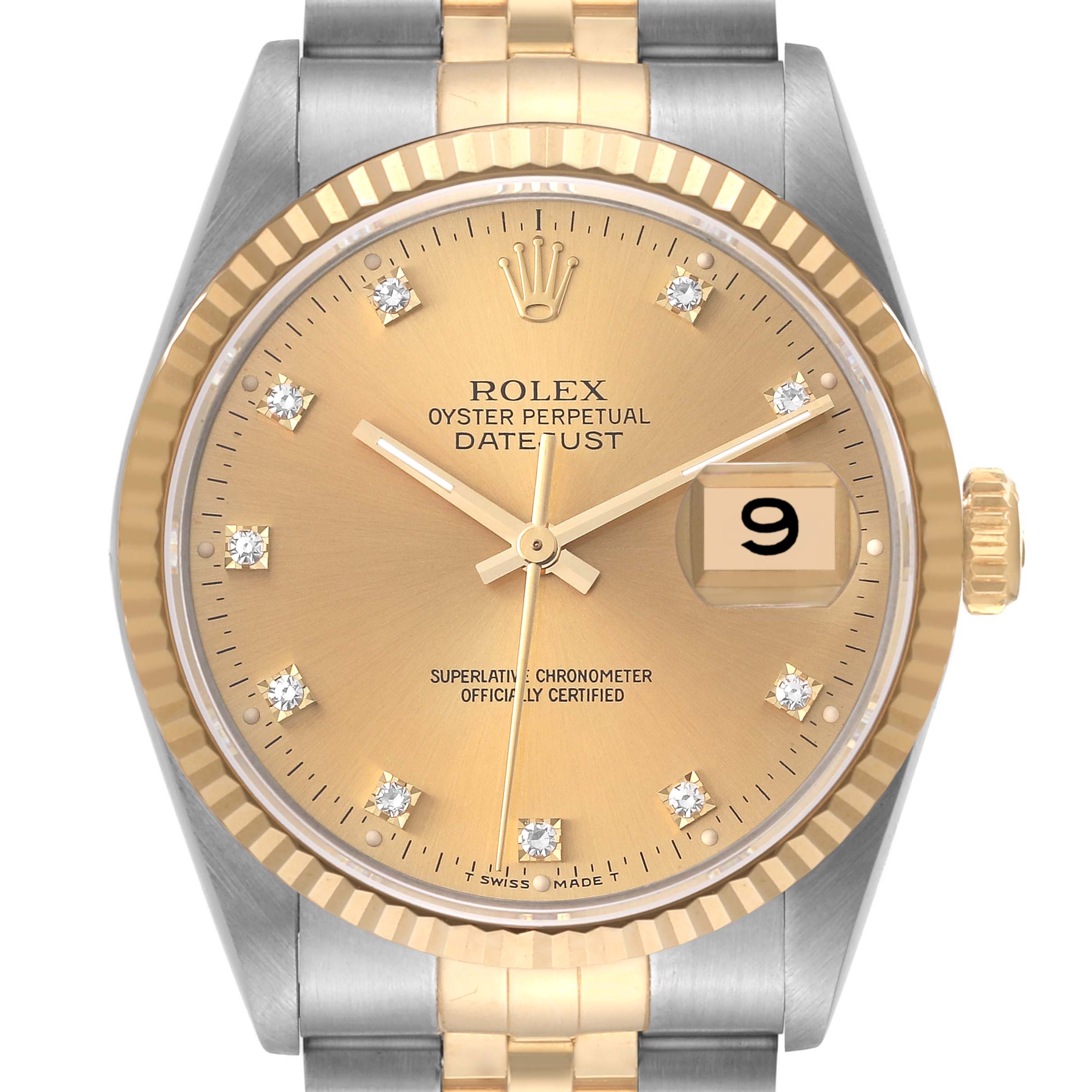 The image shows a front view of the Rolex Datejust 16233 Men's Steel and Gold (two tone) Champagne Dial 16233 Men's Steel and Gold (two tone) Champagne Dial watch, highlighting its face, bezel, bracelet, and crown.