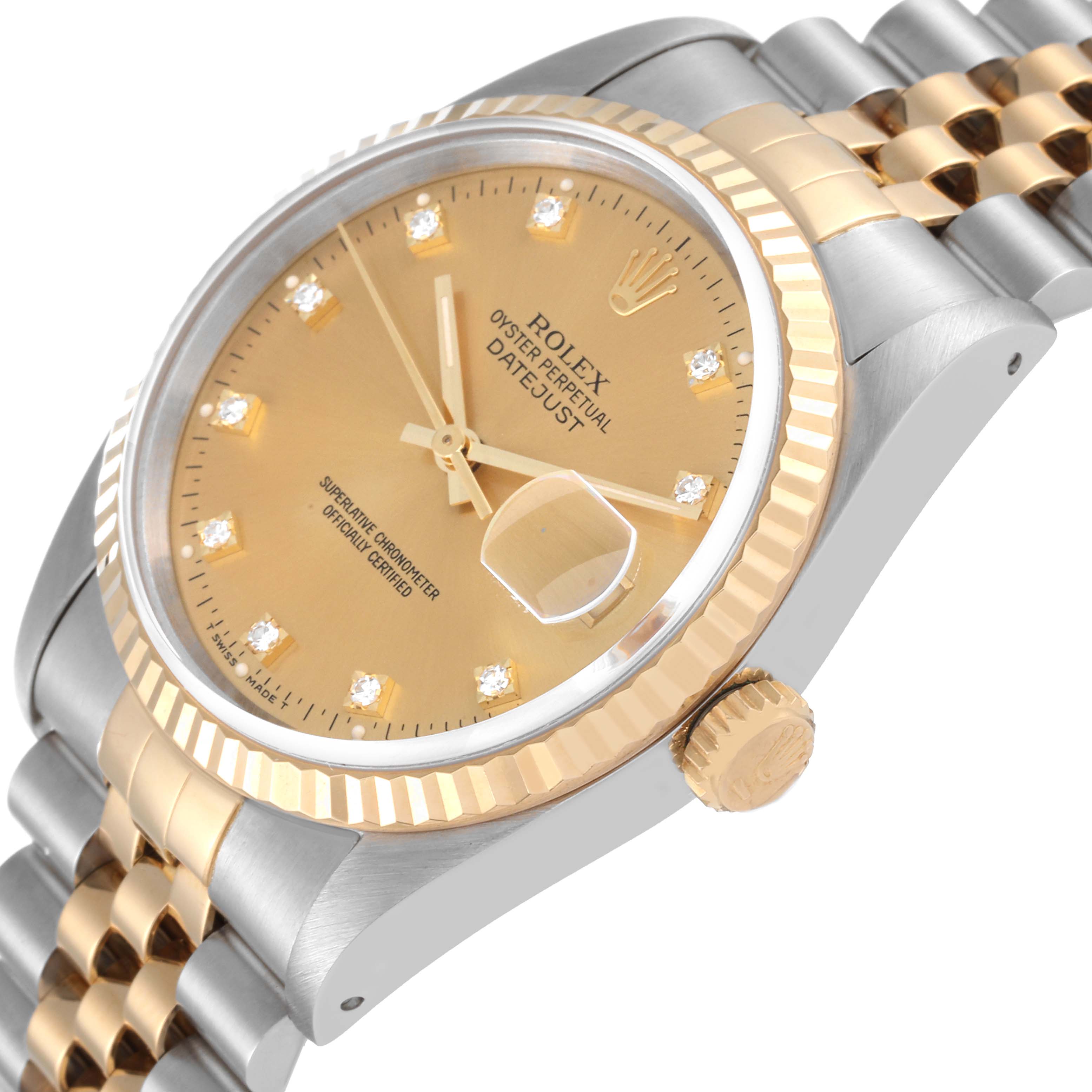 The image displays a close-up, angled view of the Rolex Datejust 16233 Men's Steel and Gold (two tone) Champagne Dial 16233 Men's Steel and Gold (two tone) Champagne Dial watch, highlighting the dial, bezel, and part of the bracelet.