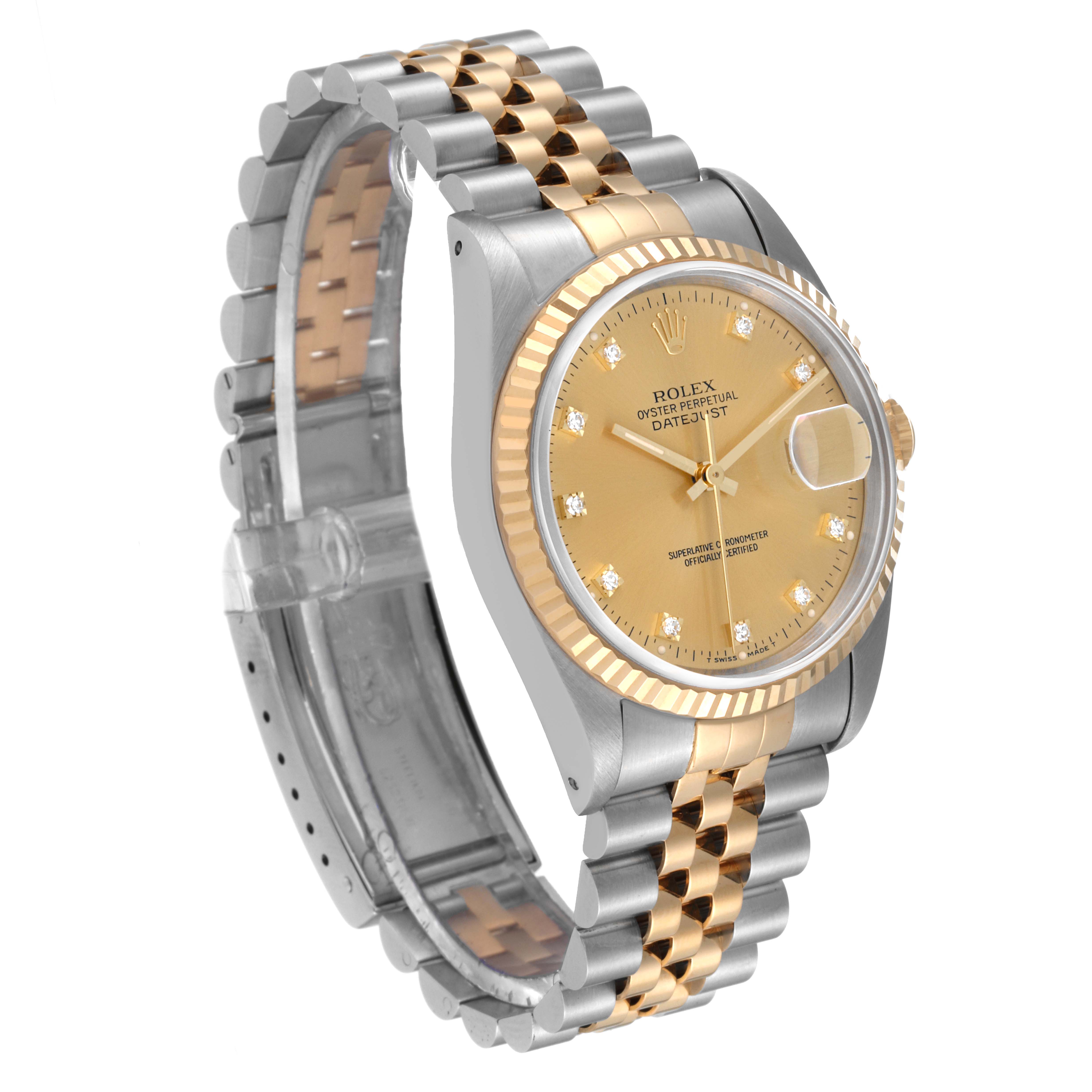 The image shows a Rolex Datejust 16233 Men's Steel and Gold (two tone) Champagne Dial 16233 Men's Steel and Gold (two tone) Champagne Dial watch at a 3/4 angle, displaying the face, bezel, and two-tone bracelet.