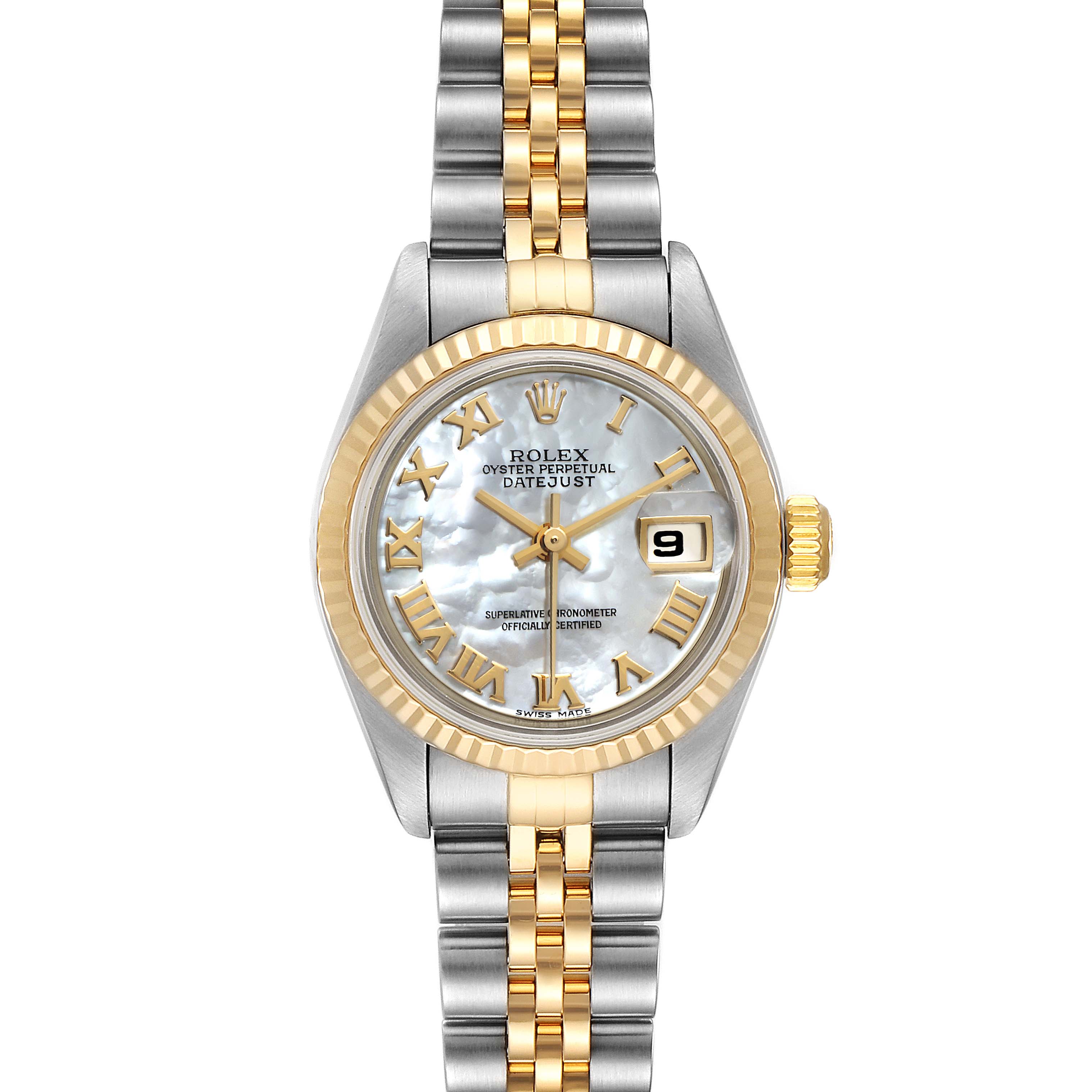 This image shows a frontal view of a Rolex Datejust 79173 Women's Steel and Gold (two tone) Mother of Pearl Dial 79173 Women's Steel and Gold (two tone) Mother of Pearl Dial watch featuring a two-tone bracelet, fluted bezel, and date display at 3 o'clock.