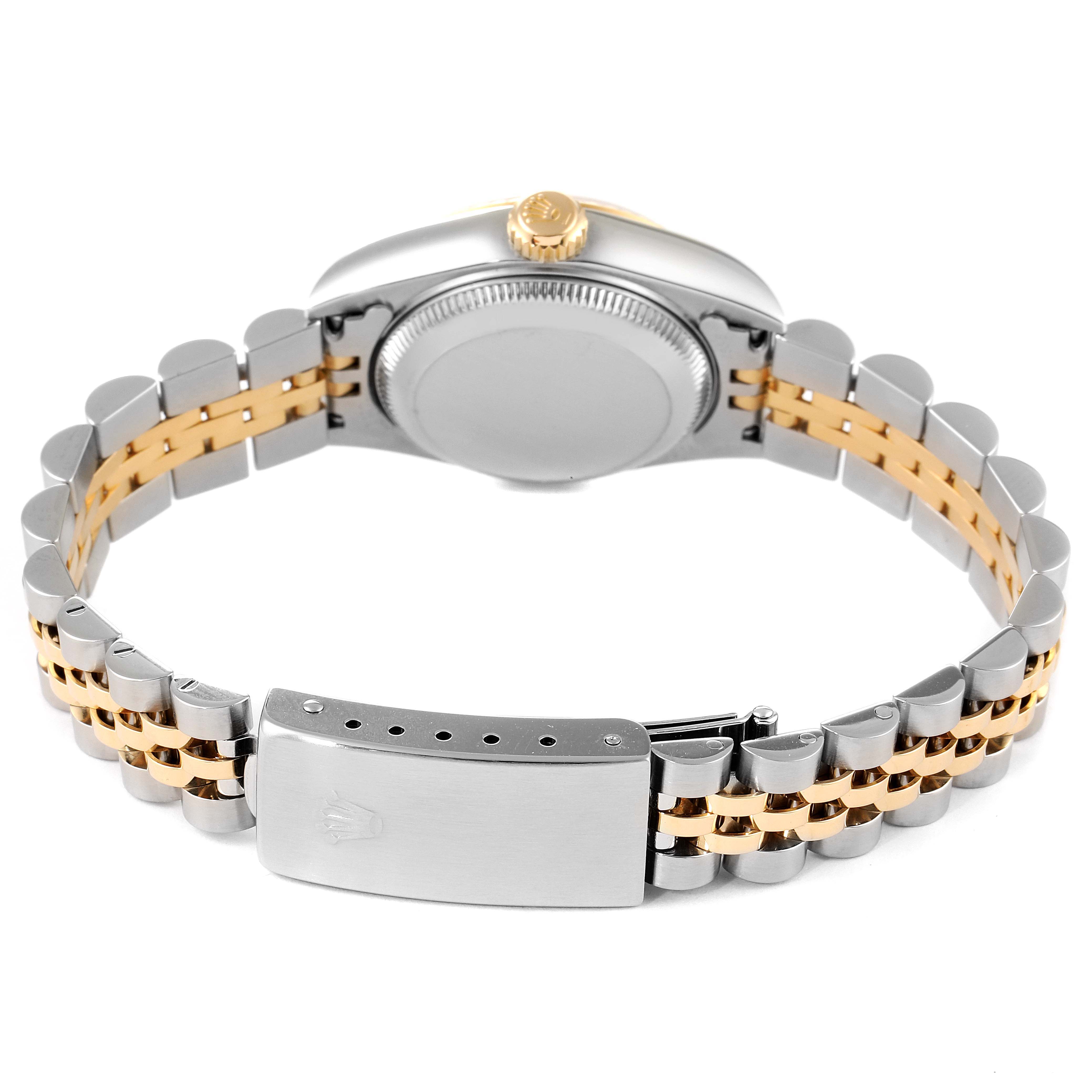 This image shows the back view of a Rolex Datejust 79173 Women's Steel and Gold (two tone) Mother of Pearl Dial 79173 Women's Steel and Gold (two tone) Mother of Pearl Dial watch, highlighting its case back, crown, and two-tone metal bracelet.