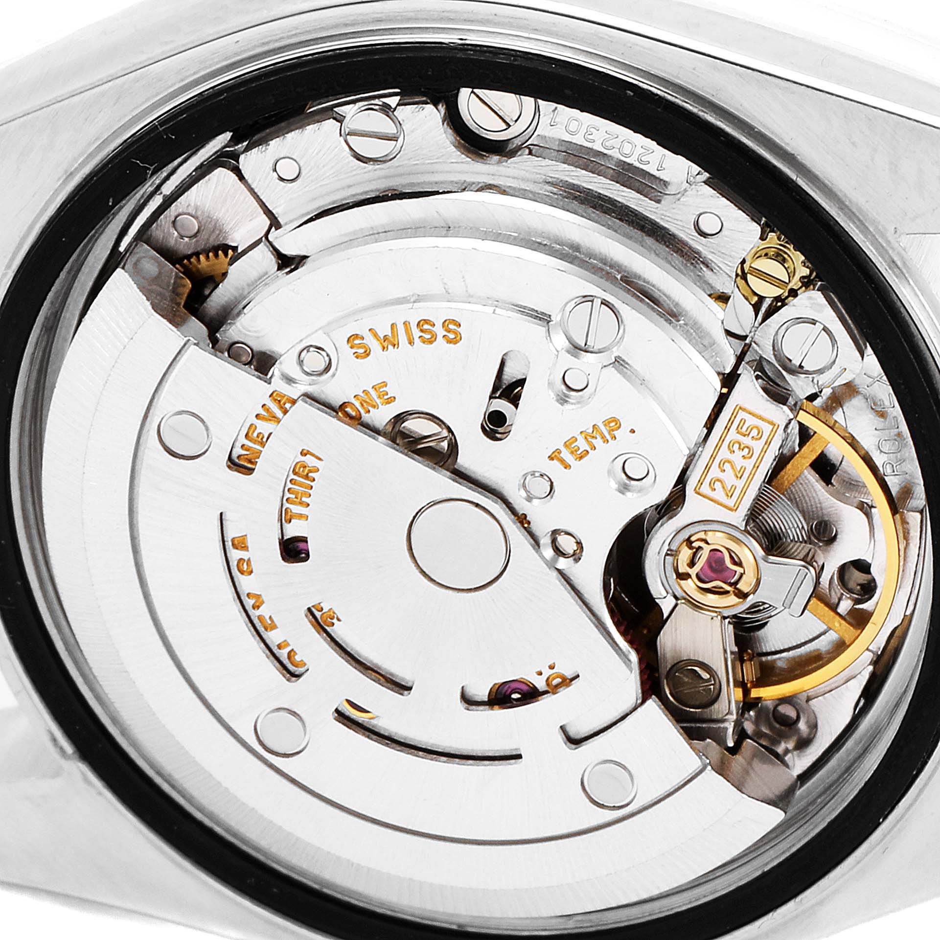 The image shows the internal mechanical movement of the Rolex Datejust 79173 Women's Steel and Gold (two tone) Mother of Pearl Dial 79173 Women's Steel and Gold (two tone) Mother of Pearl Dial model watch viewed from the back.